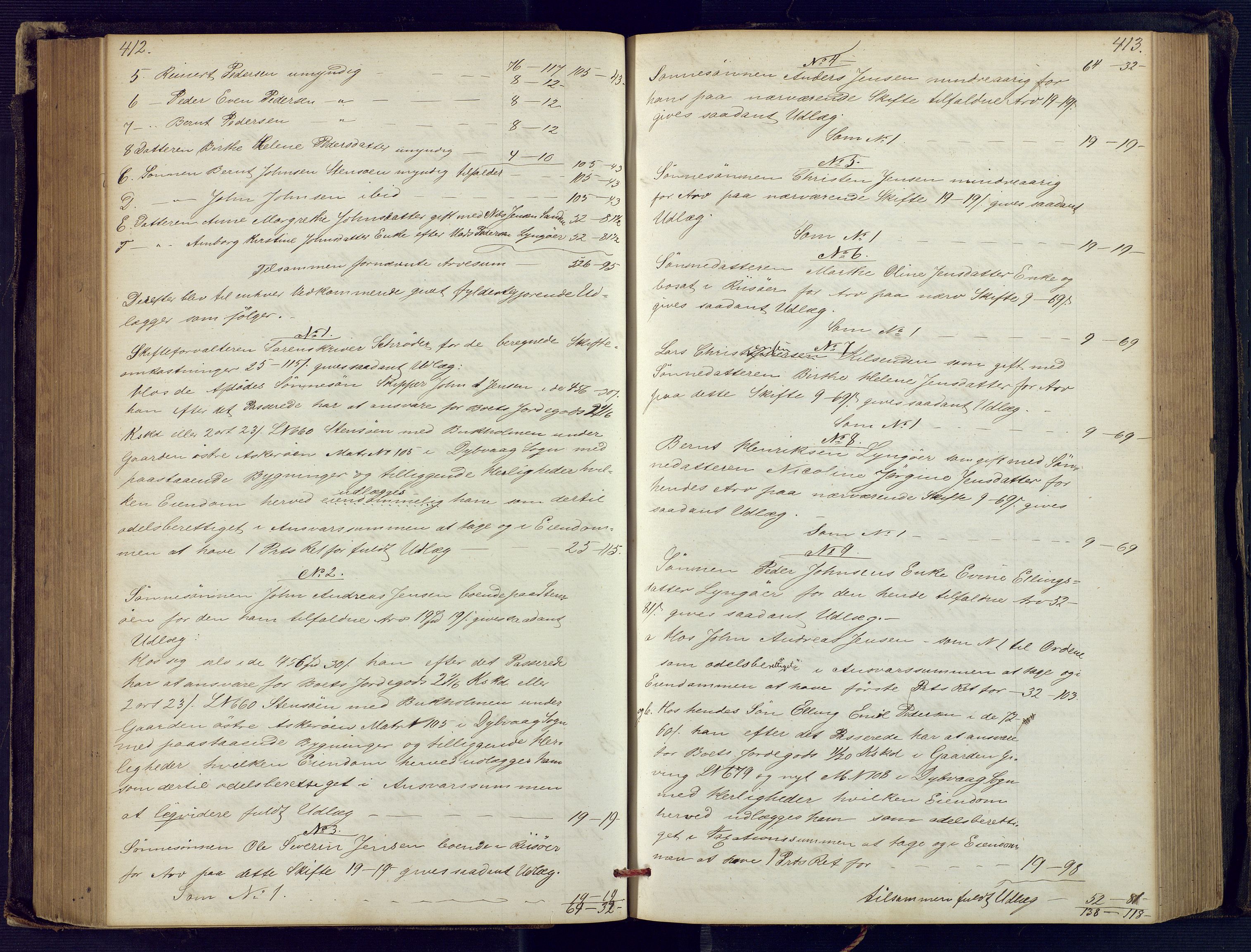 Holt sorenskriveri, SAK/1221-0002/H/Hc/L0029: Skifteutlodningsprotokoll nr. 4 med løst register, 1857-1862, p. 412-413