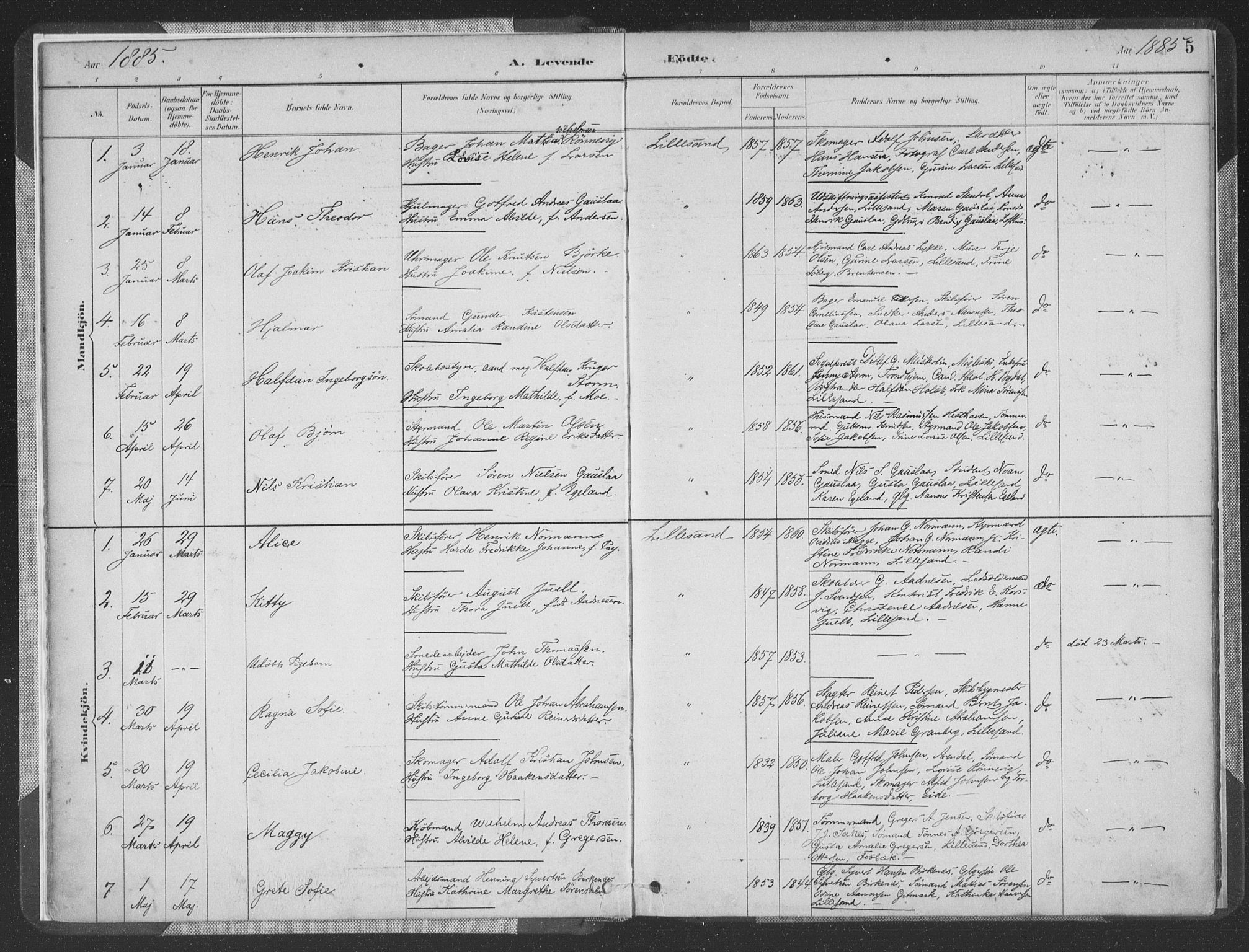 Vestre Moland sokneprestkontor, SAK/1111-0046/F/Fa/Faa/L0001: Parish register (official) no. A 1, 1884-1899, p. 5