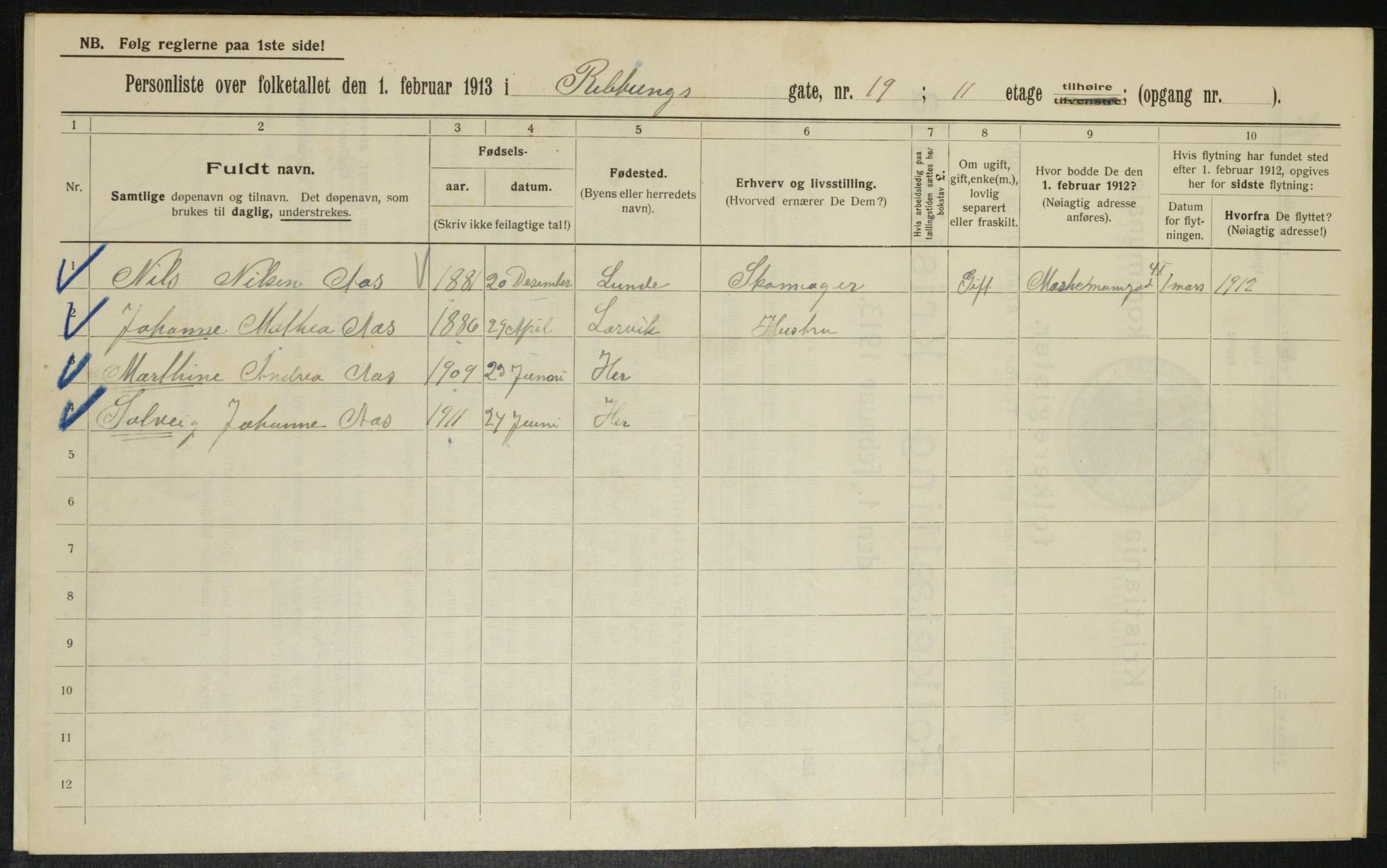 OBA, Municipal Census 1913 for Kristiania, 1913, p. 83033