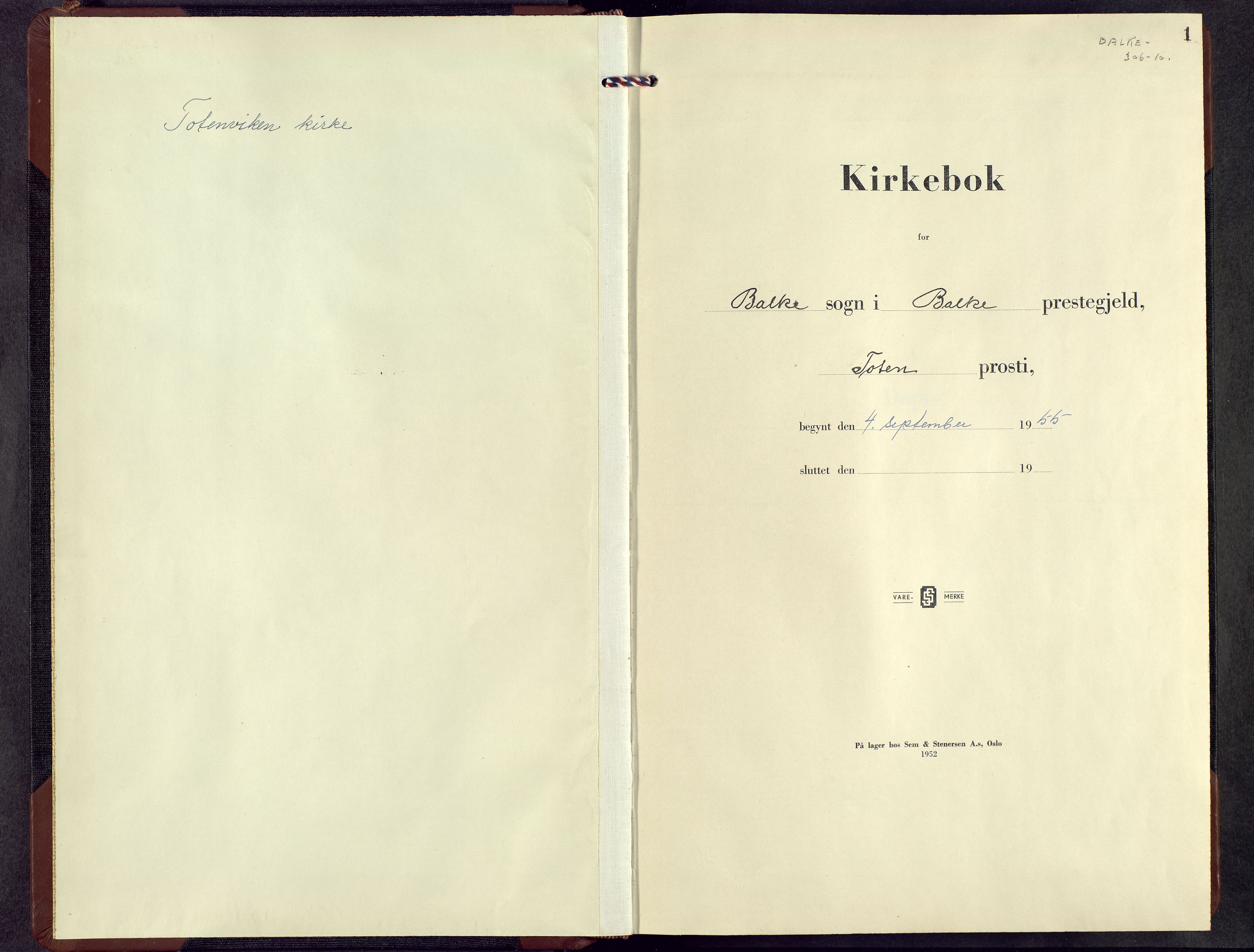 Balke prestekontor, SAH/PREST-106/H/Ha/Hab/L0004: Parish register (copy) no. 4, 1955-1964, p. 1