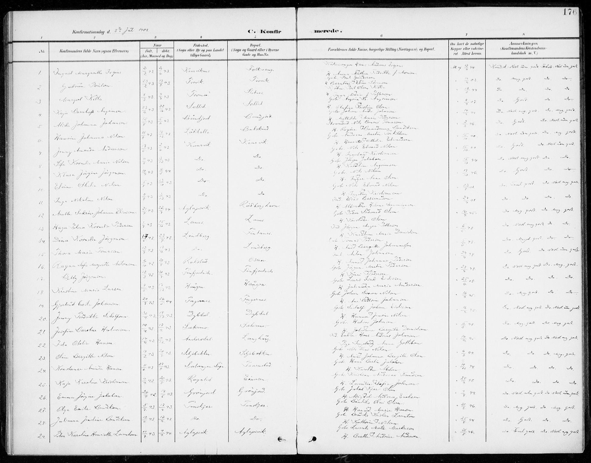 Lenvik sokneprestembete, SATØ/S-1310/H/Ha/Haa/L0014kirke: Parish register (official) no. 14, 1899-1909, p. 176