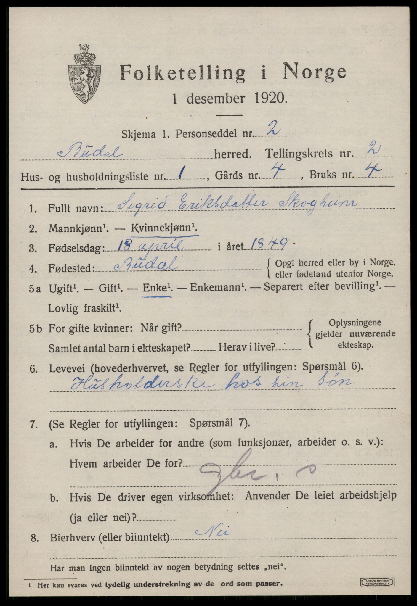 SAT, 1920 census for Budal, 1920, p. 392