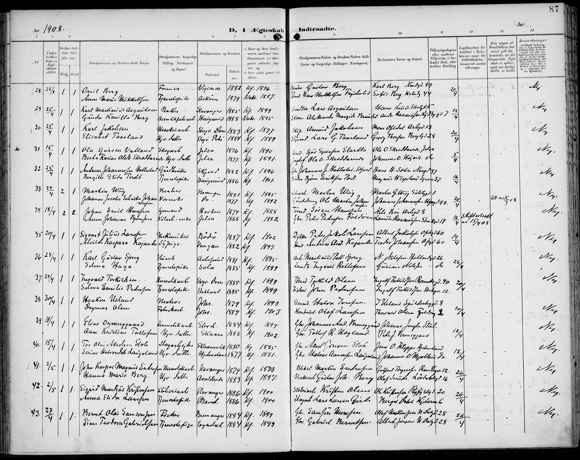 St. Johannes sokneprestkontor, AV/SAST-A-101814/002/B/L0001: Parish register (official) no. A 8, 1899-1917, p. 87