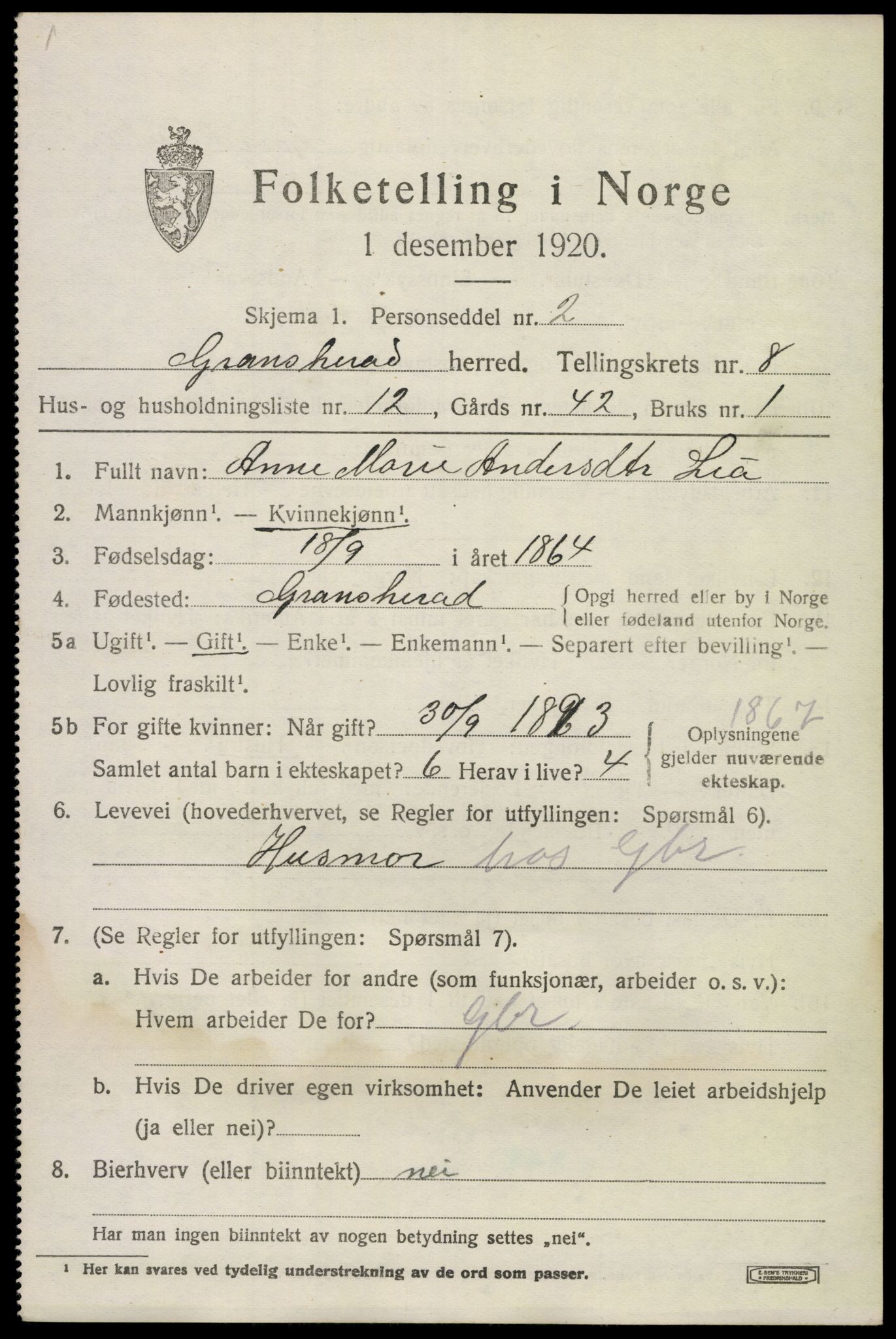 SAKO, 1920 census for Gransherad, 1920, p. 3250