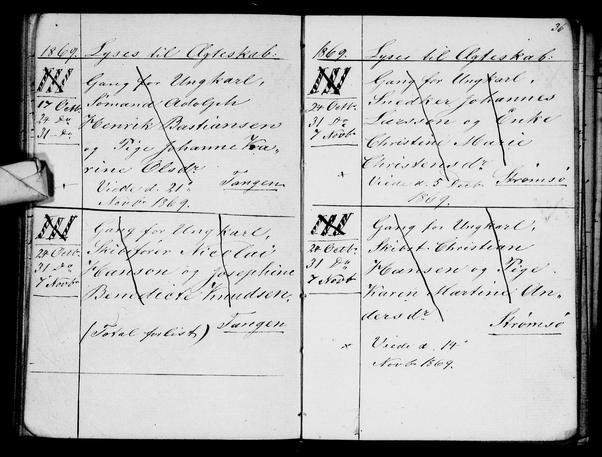 Strømsø kirkebøker, AV/SAKO-A-246/H/Ha/L0003: Banns register no. 3, 1866-1874, p. 36