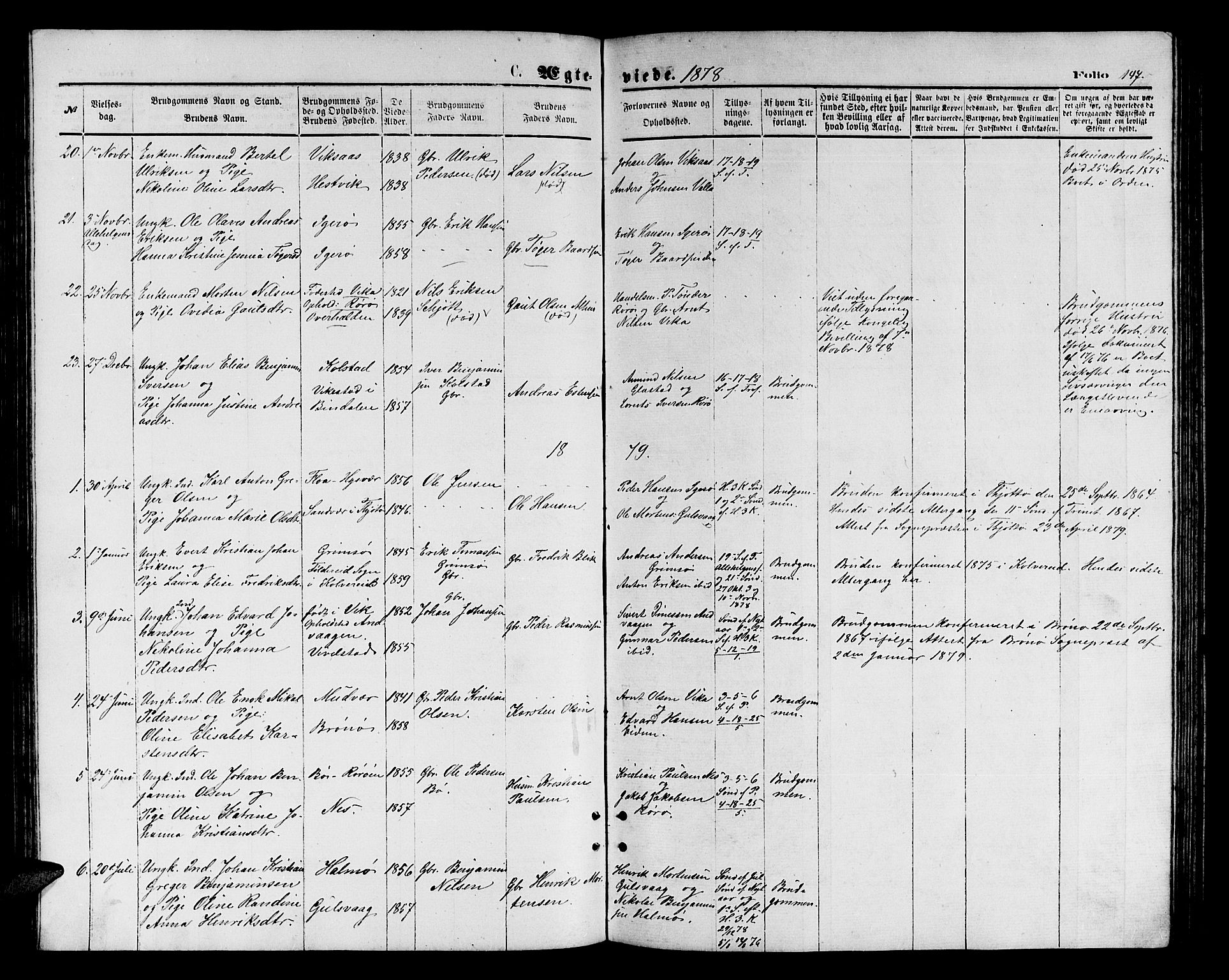 Ministerialprotokoller, klokkerbøker og fødselsregistre - Nordland, AV/SAT-A-1459/816/L0252: Parish register (copy) no. 816C02, 1871-1885, p. 147