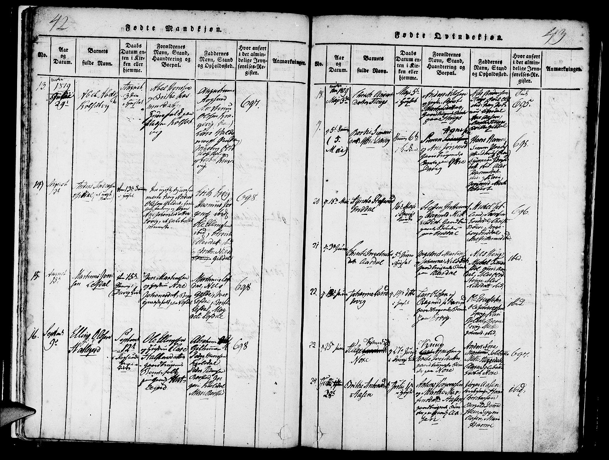 Davik sokneprestembete, AV/SAB-A-79701/H/Haa/Haaa/L0003: Parish register (official) no. A 3, 1816-1830, p. 42-43