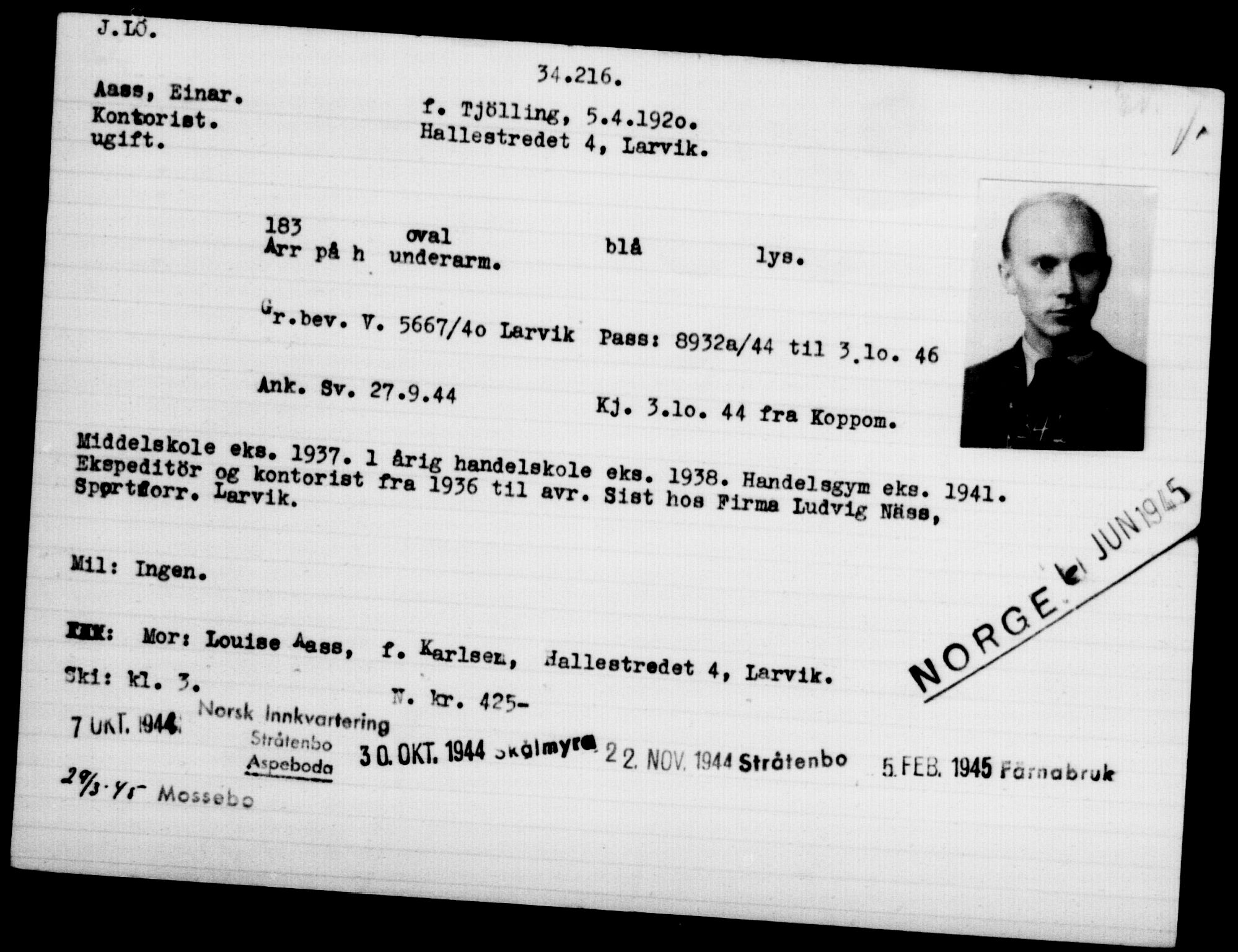 Utenriksstasjonene, Legasjonen i Stockholm, Flyktningkontoret, AV/RA-S-6753/V/Va/L0013: Kjesäterkartoteket, flyktninger med registreringsnr. 31500-34731, 1940-1945, p. 2867