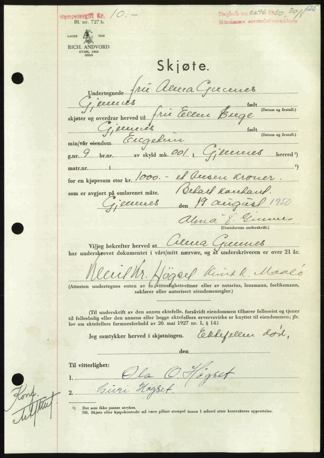 Nordmøre sorenskriveri, AV/SAT-A-4132/1/2/2Ca: Mortgage book no. A116, 1950-1950, Diary no: : 2696/1950