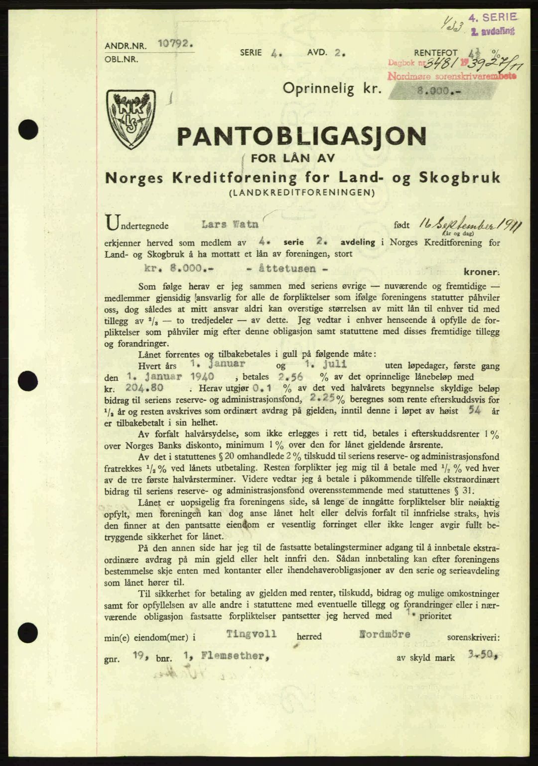 Nordmøre sorenskriveri, AV/SAT-A-4132/1/2/2Ca: Mortgage book no. B86, 1939-1940, Diary no: : 3481/1939