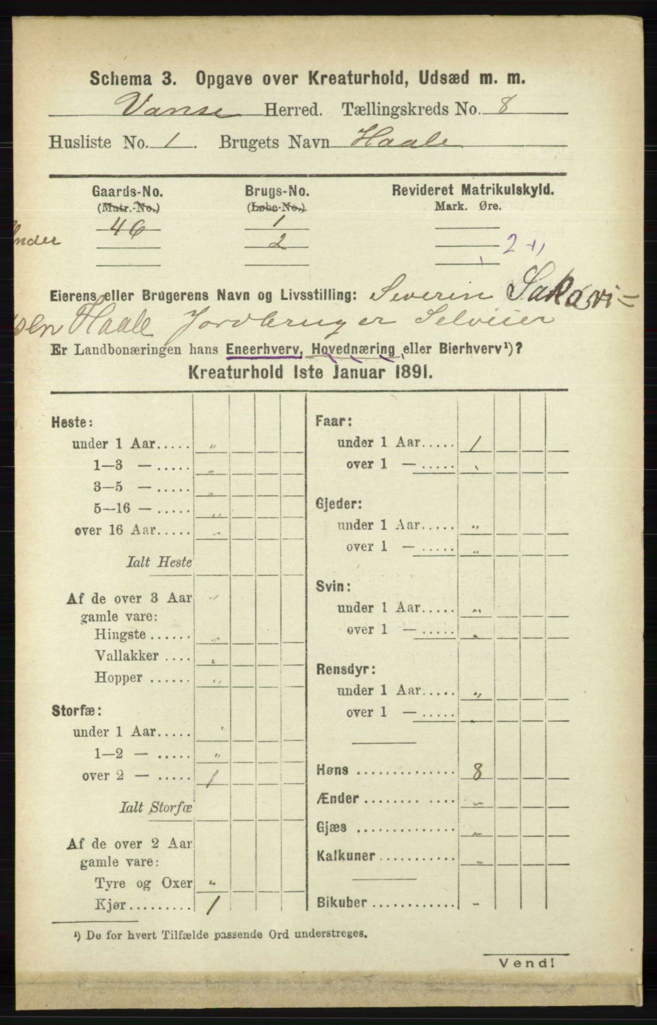 RA, 1891 census for 1041 Vanse, 1891, p. 9459