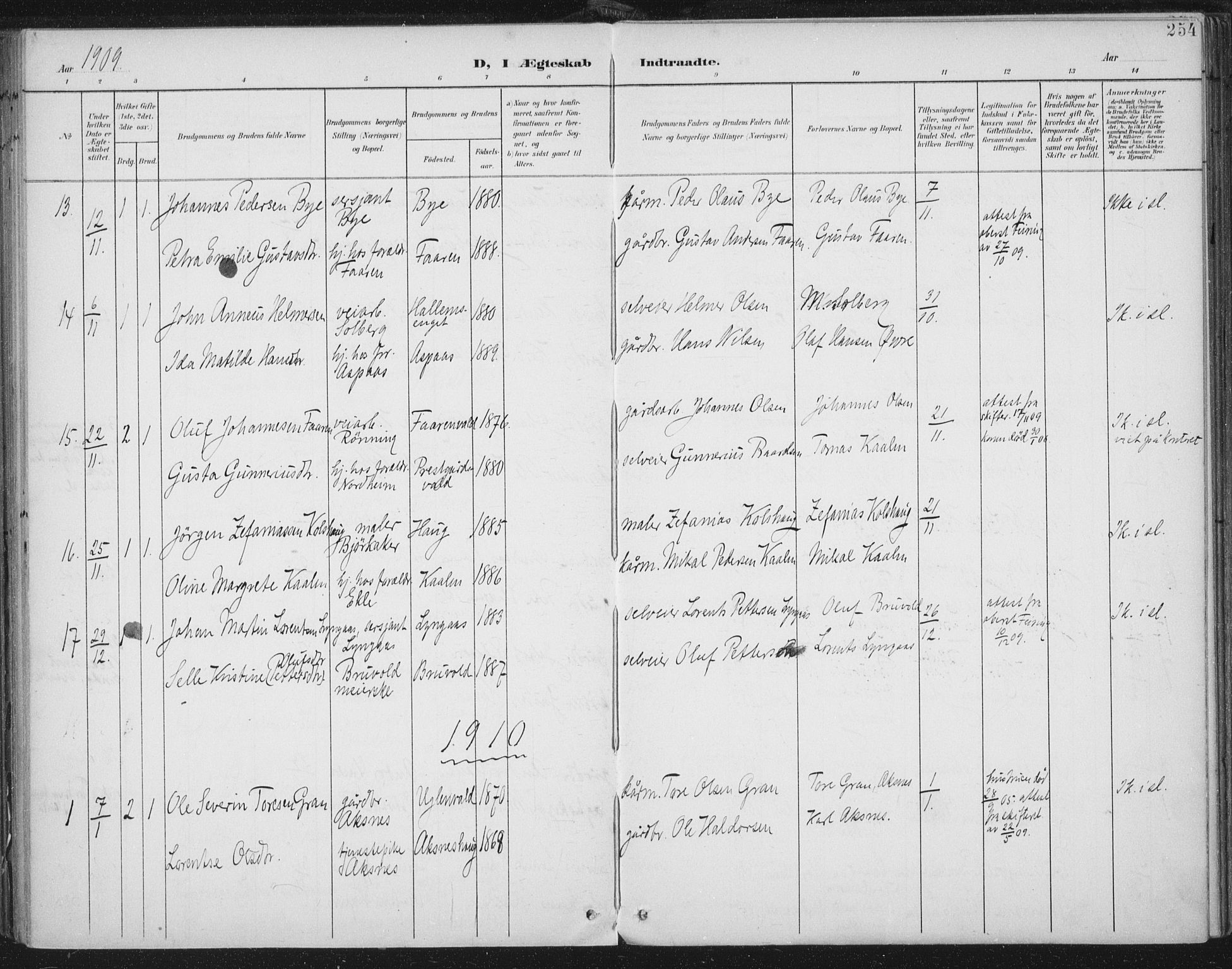 Ministerialprotokoller, klokkerbøker og fødselsregistre - Nord-Trøndelag, SAT/A-1458/723/L0246: Parish register (official) no. 723A15, 1900-1917, p. 254