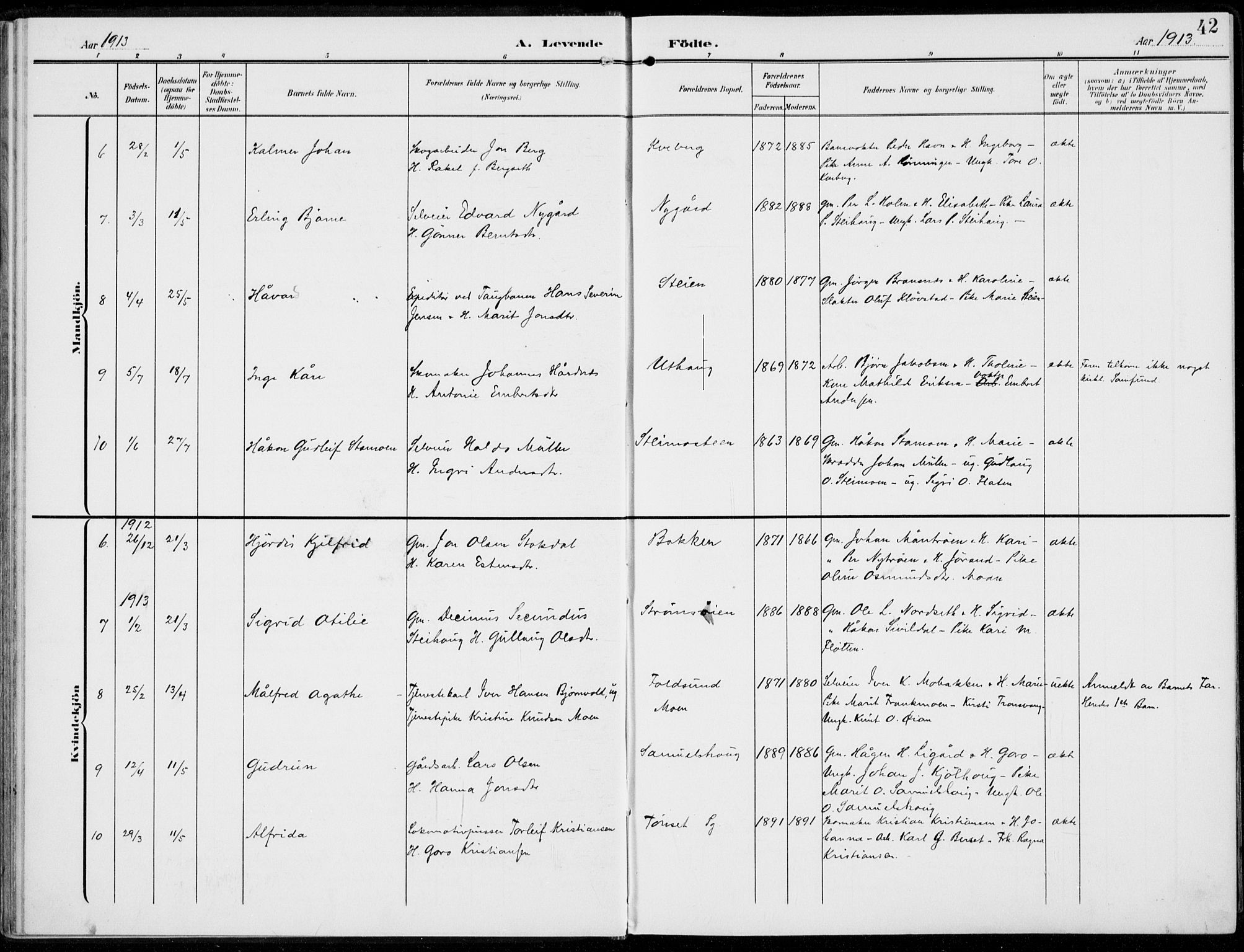 Alvdal prestekontor, AV/SAH-PREST-060/H/Ha/Haa/L0004: Parish register (official) no. 4, 1907-1919, p. 42