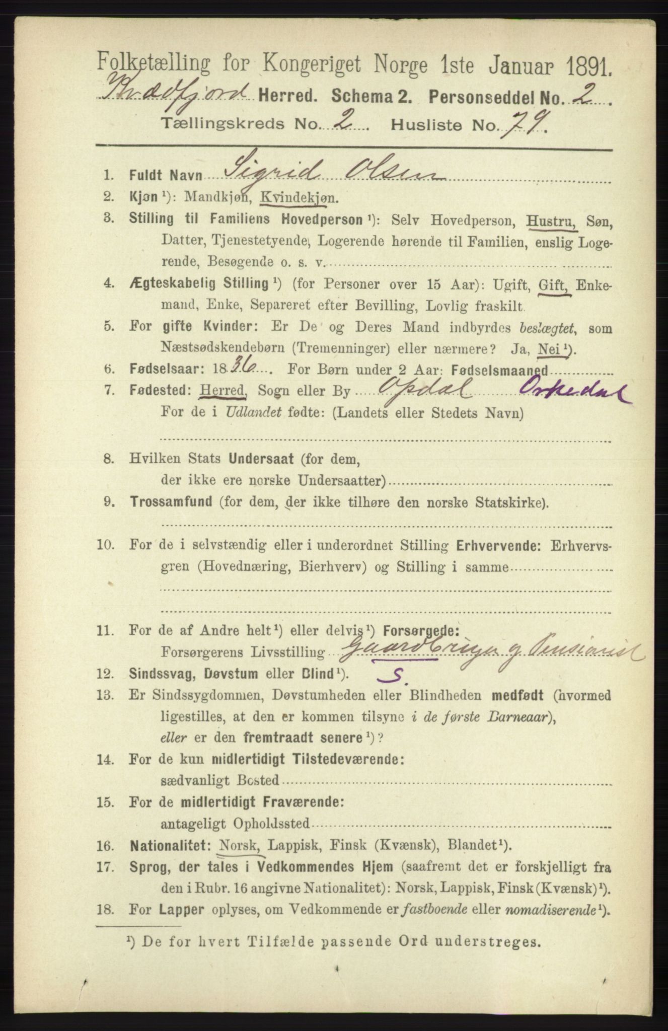 RA, 1891 census for 1911 Kvæfjord, 1891, p. 1184