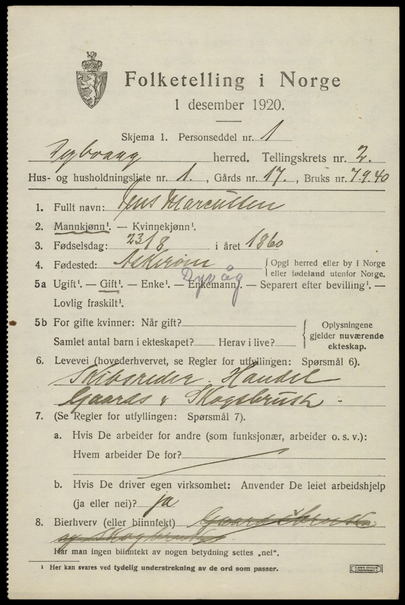 SAK, 1920 census for Dypvåg, 1920, p. 2067