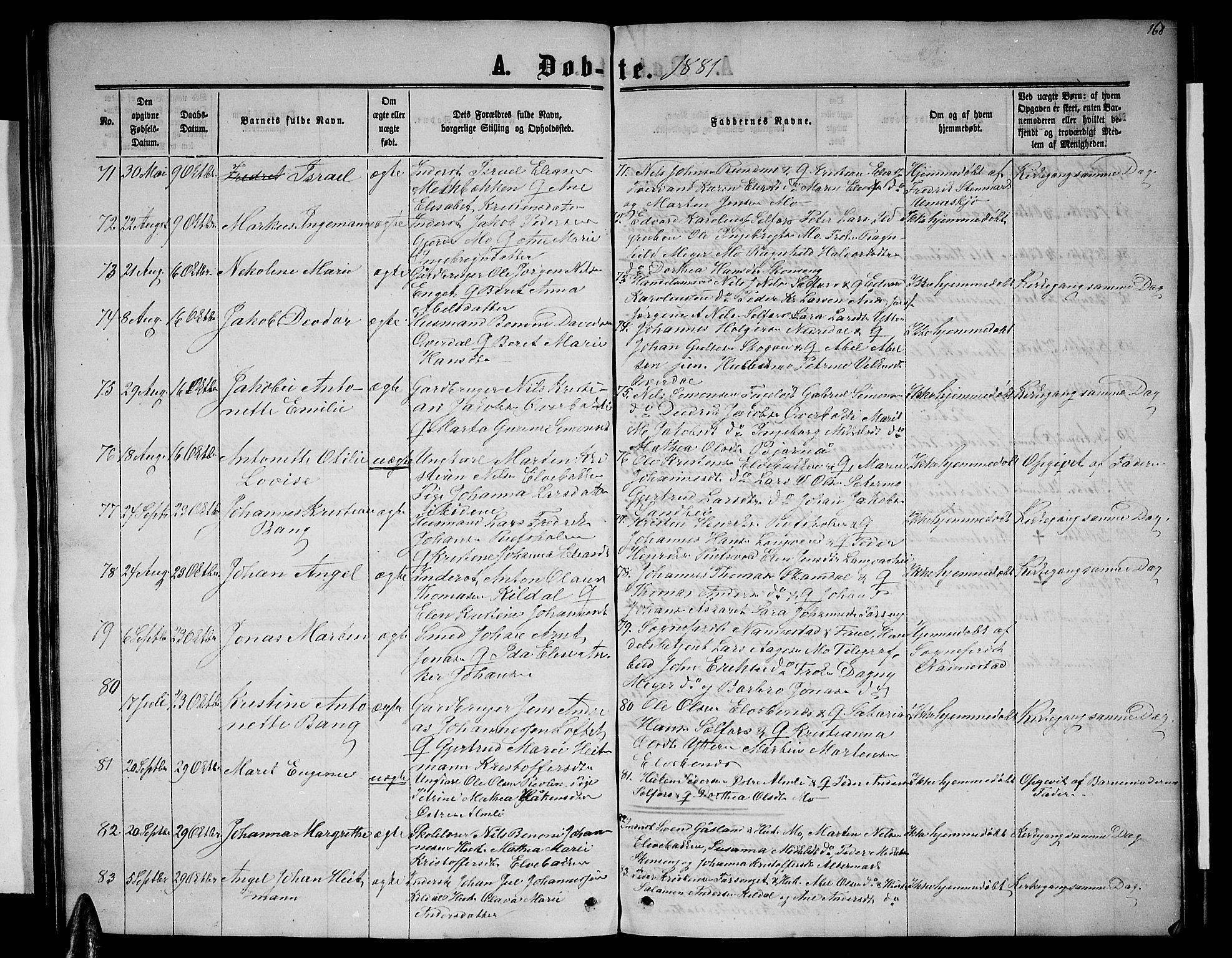Ministerialprotokoller, klokkerbøker og fødselsregistre - Nordland, SAT/A-1459/827/L0415: Parish register (copy) no. 827C04, 1864-1886, p. 168