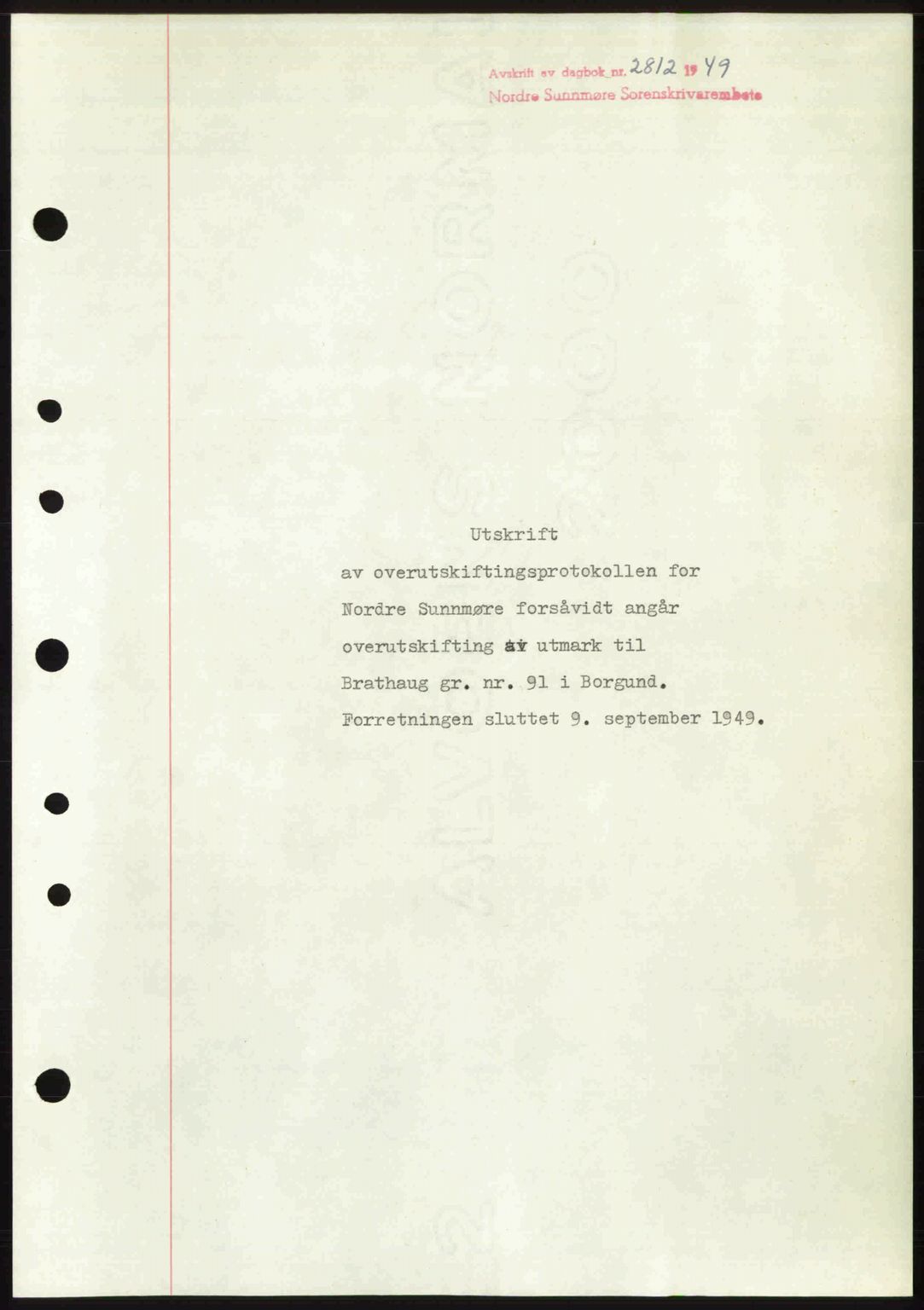 Nordre Sunnmøre sorenskriveri, AV/SAT-A-0006/1/2/2C/2Ca: Mortgage book no. A33, 1949-1950, Diary no: : 2812/1949