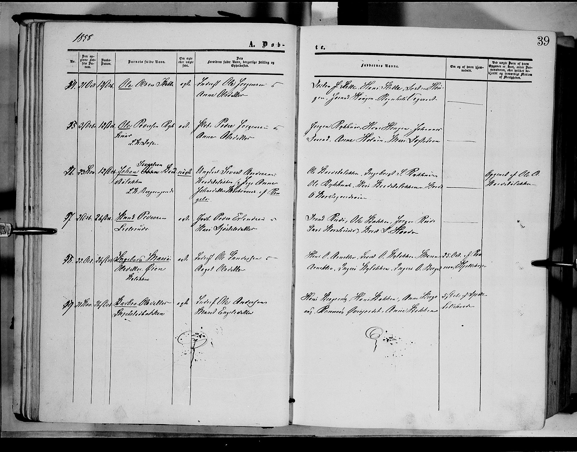 Dovre prestekontor, SAH/PREST-066/H/Ha/Haa/L0001: Parish register (official) no. 1, 1854-1878, p. 39