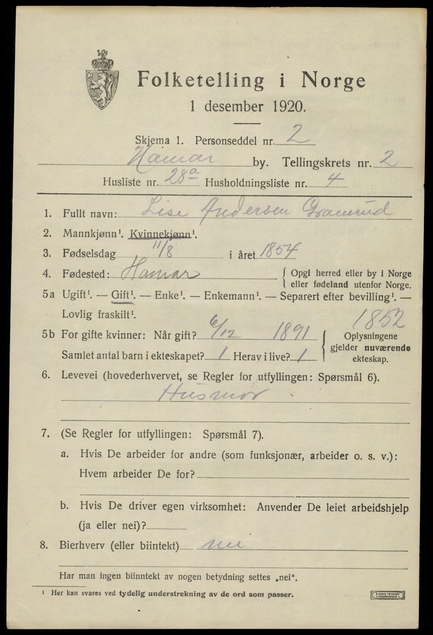 SAH, 1920 census for Hamar, 1920, p. 9183