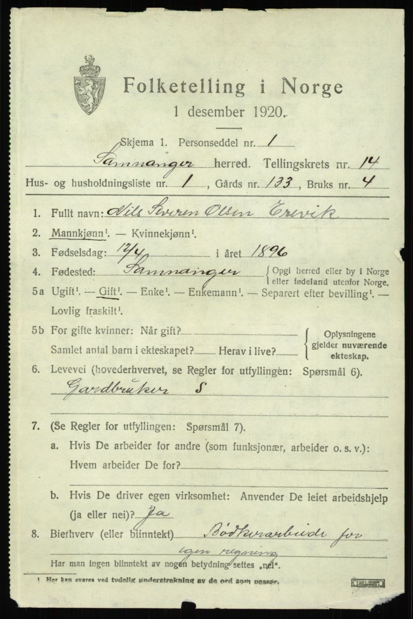 SAB, 1920 census for Samnanger, 1920, p. 5885