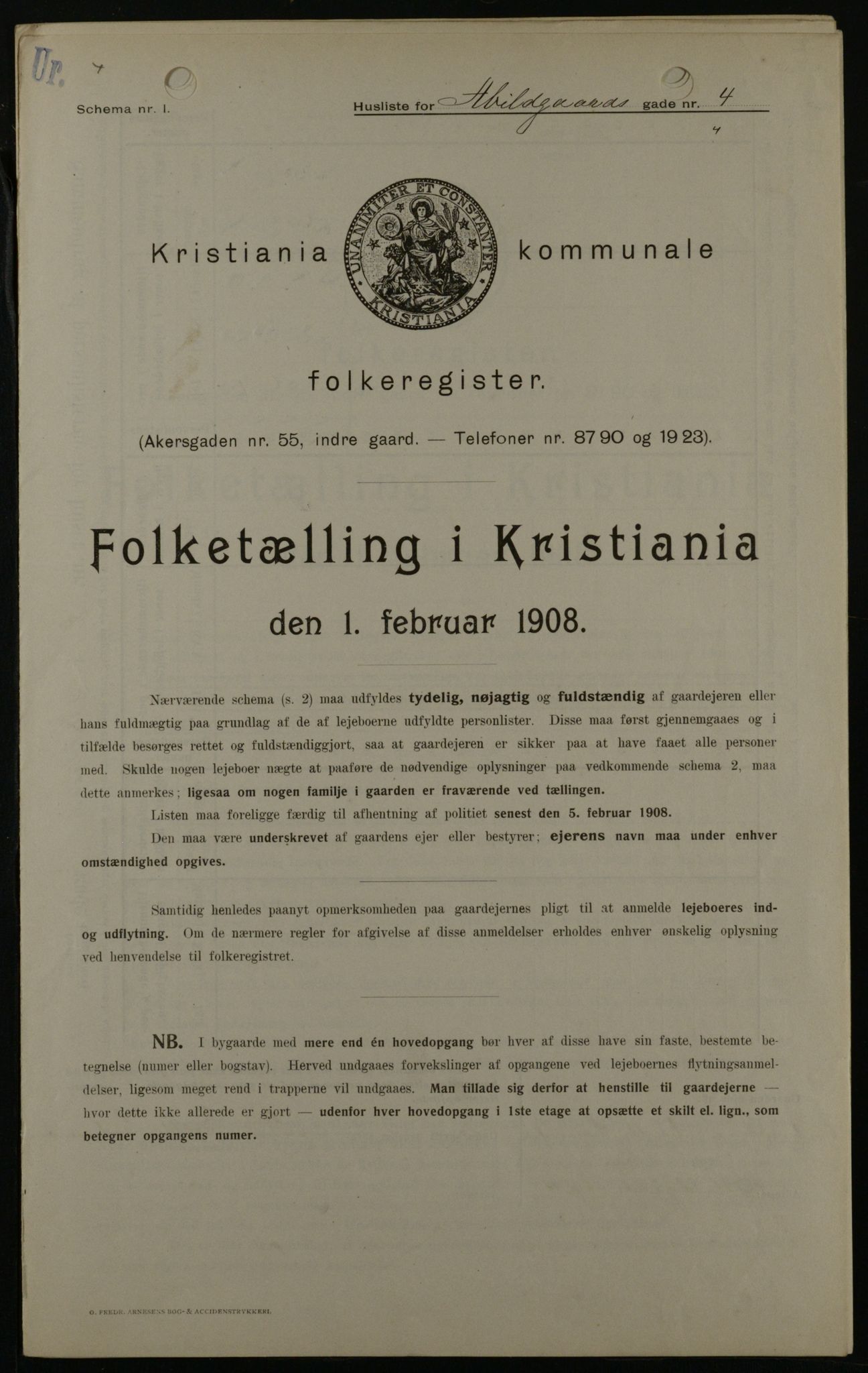 OBA, Municipal Census 1908 for Kristiania, 1908, p. 12