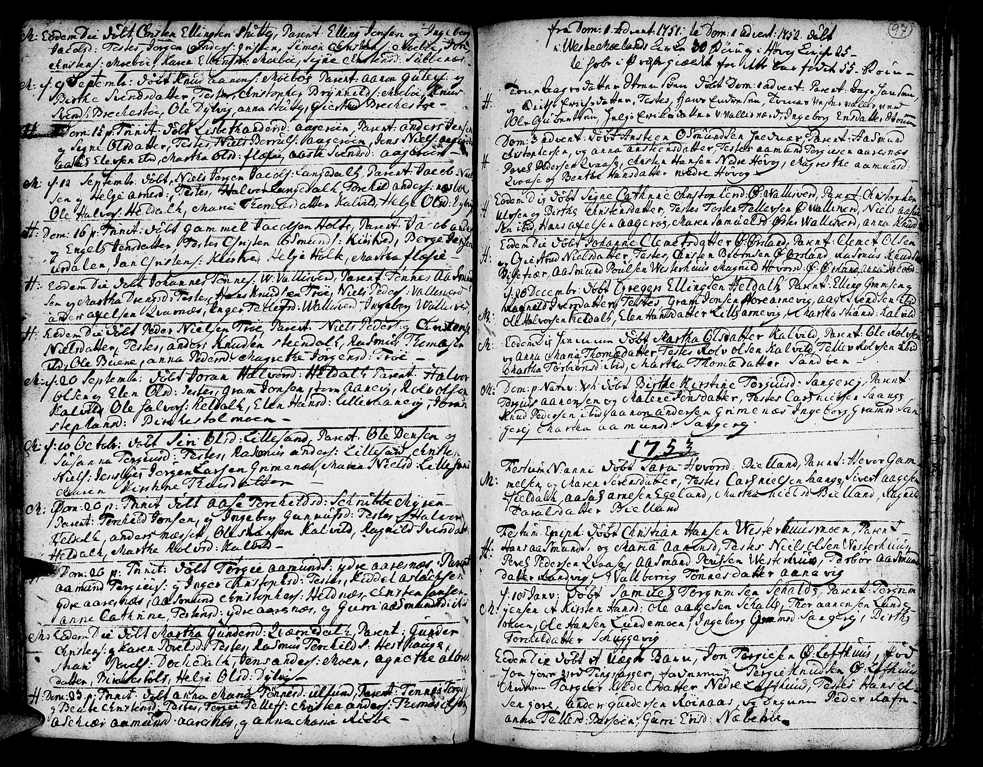 Vestre Moland sokneprestkontor, SAK/1111-0046/F/Fa/Fab/L0001: Parish register (official) no. A 1, 1687-1760, p. 97