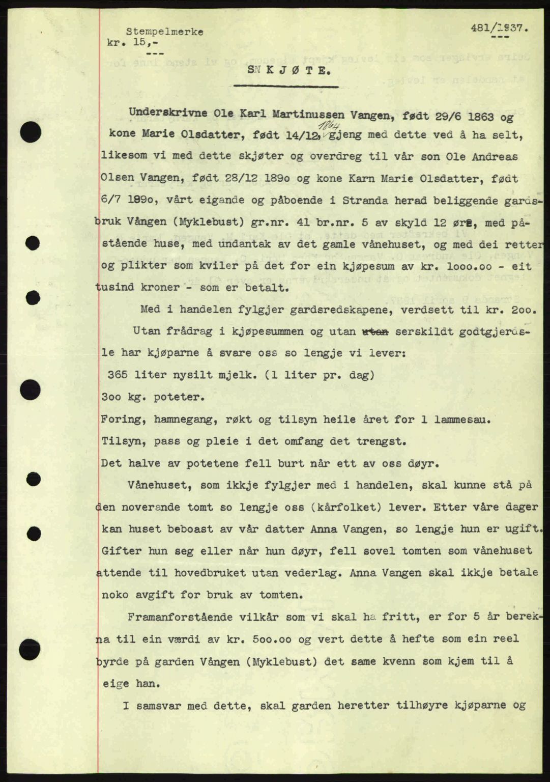 Nordre Sunnmøre sorenskriveri, AV/SAT-A-0006/1/2/2C/2Ca: Mortgage book no. A2, 1936-1937, Diary no: : 481/1937