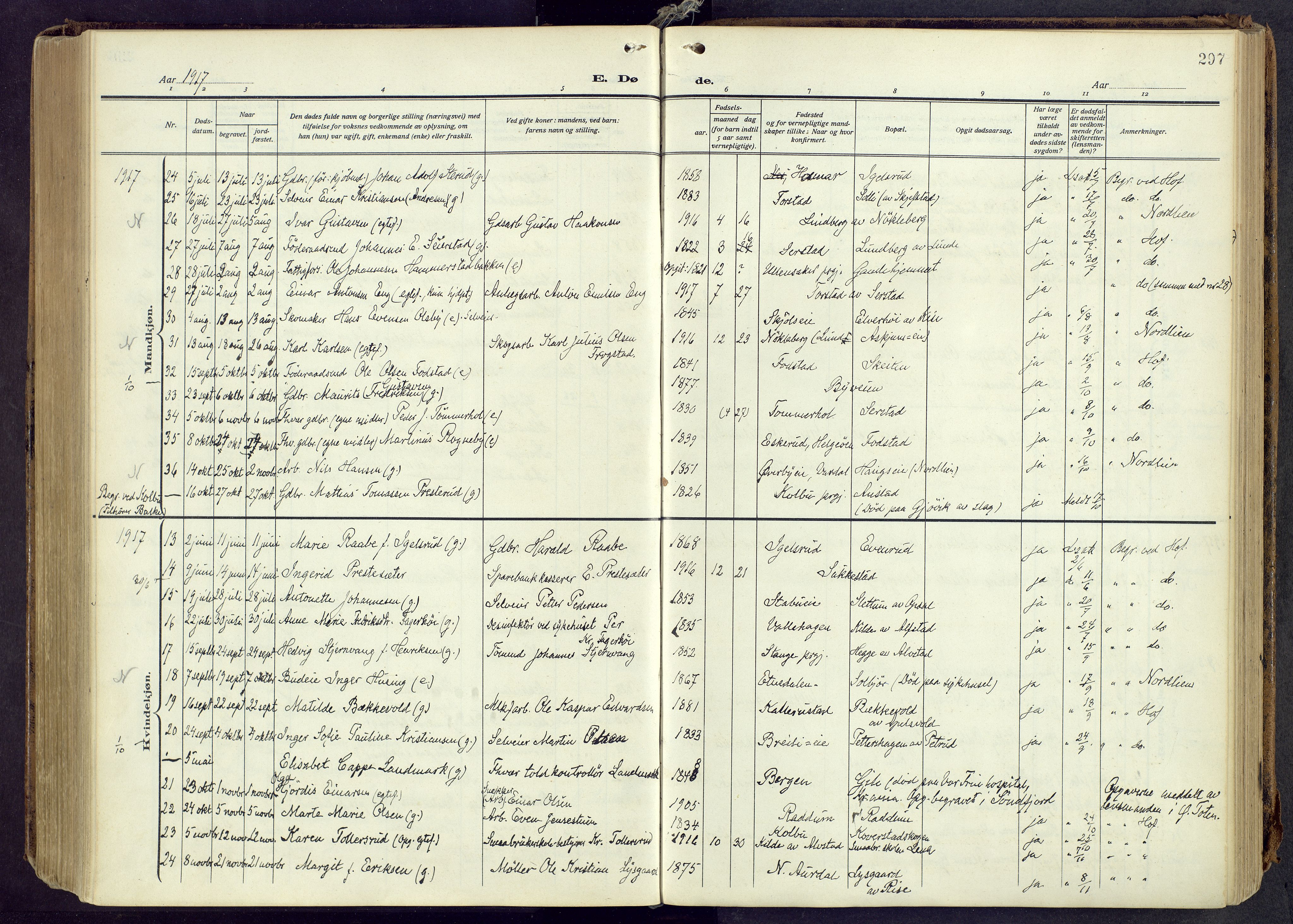 Østre Toten prestekontor, AV/SAH-PREST-104/H/Ha/Haa/L0010: Parish register (official) no. 10, 1910-1920, p. 297