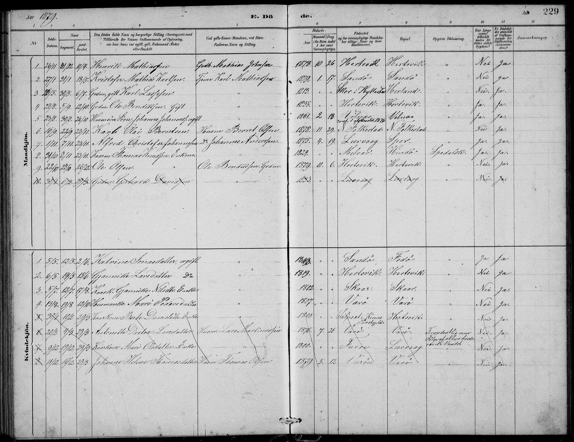 Askvoll sokneprestembete, SAB/A-79501/H/Hab/Habb/L0001: Parish register (copy) no. B 1, 1879-1909, p. 229