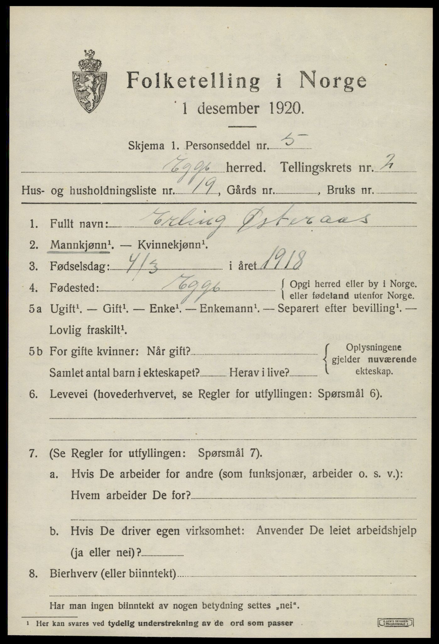 SAT, 1920 census for Egge, 1920, p. 1312