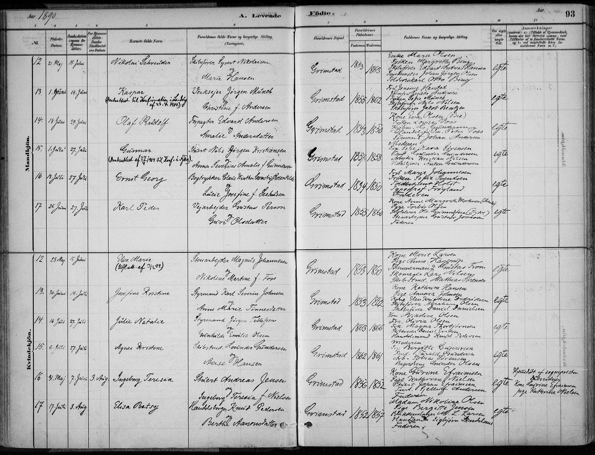 Grimstad sokneprestkontor, AV/SAK-1111-0017/F/Fa/L0003: Parish register (official) no. A 2, 1882-1912, p. 93