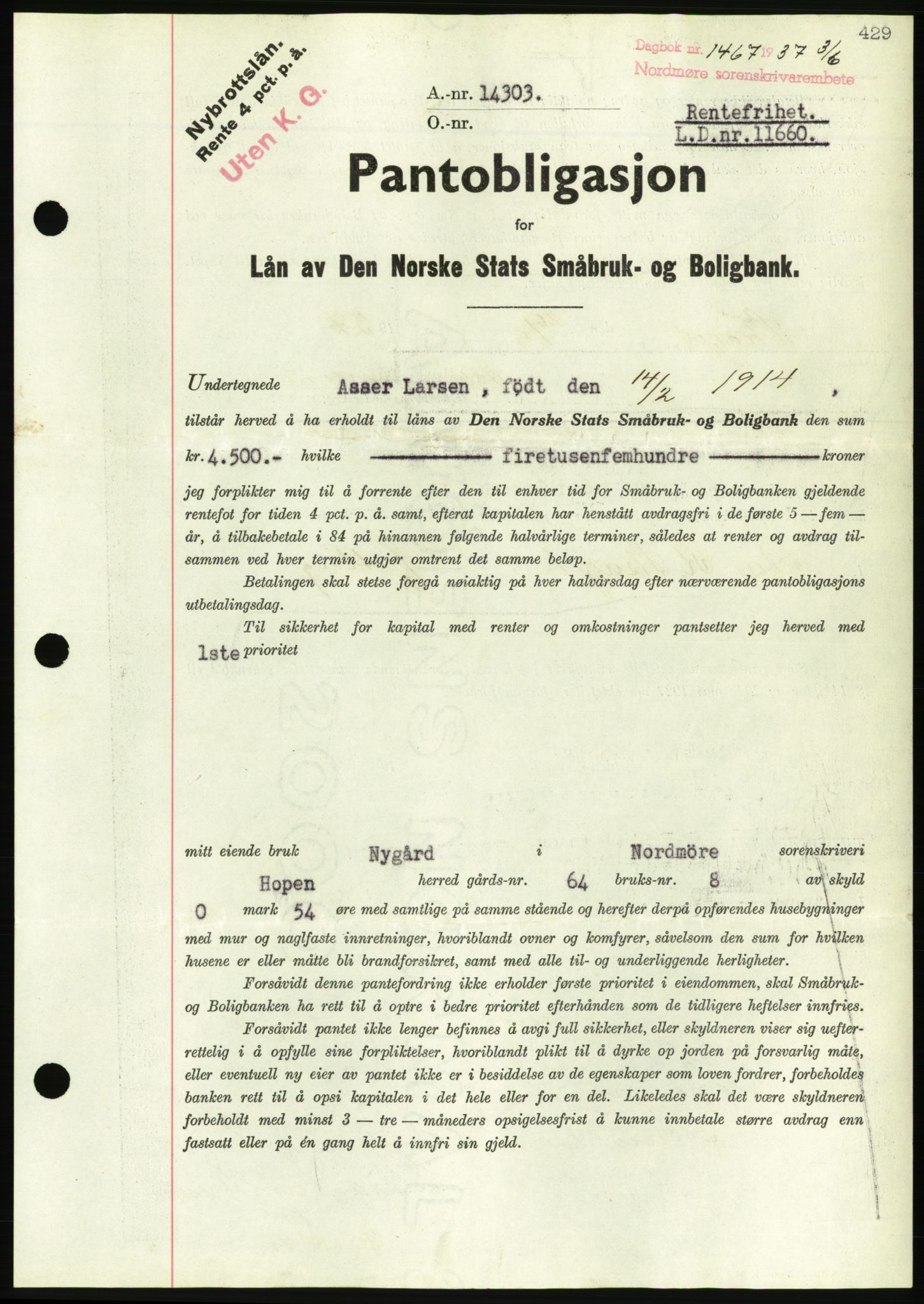 Nordmøre sorenskriveri, AV/SAT-A-4132/1/2/2Ca/L0091: Mortgage book no. B81, 1937-1937, Diary no: : 1467/1937