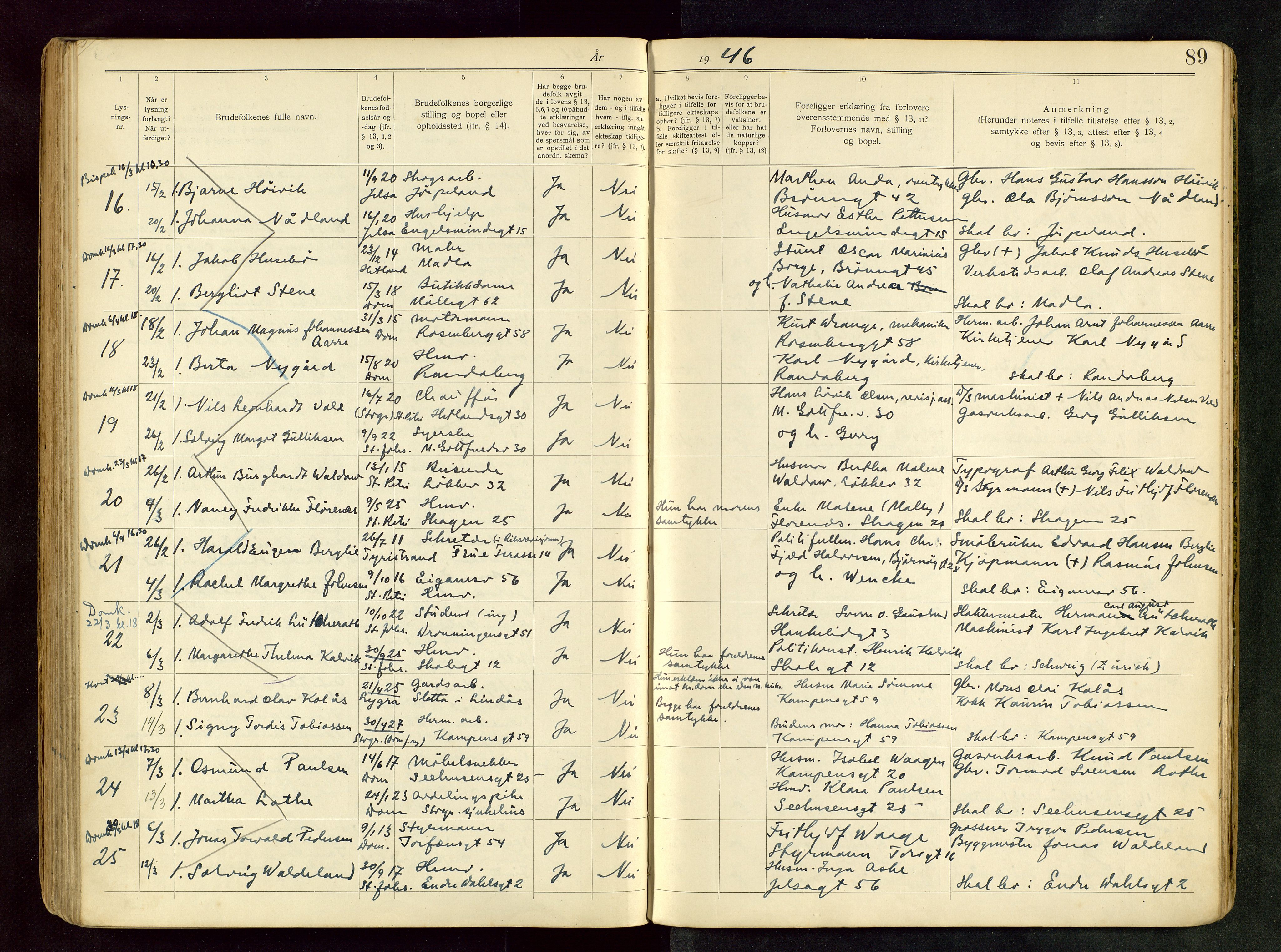 Domkirken sokneprestkontor, AV/SAST-A-101812/001/70/705BB/L0003: Banns register no. 3, 1938-1946, p. 89