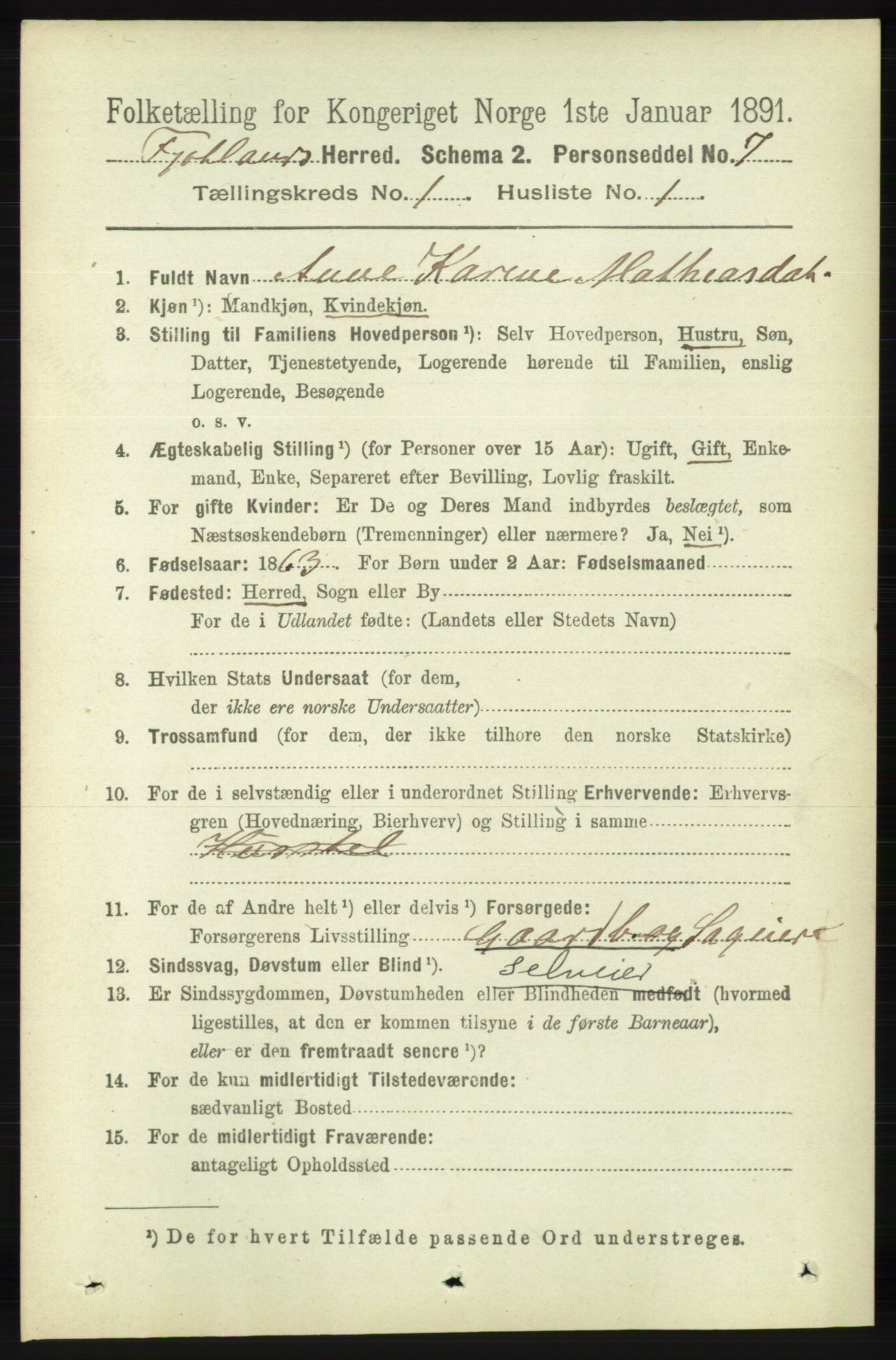RA, 1891 census for 1036 Fjotland, 1891, p. 57