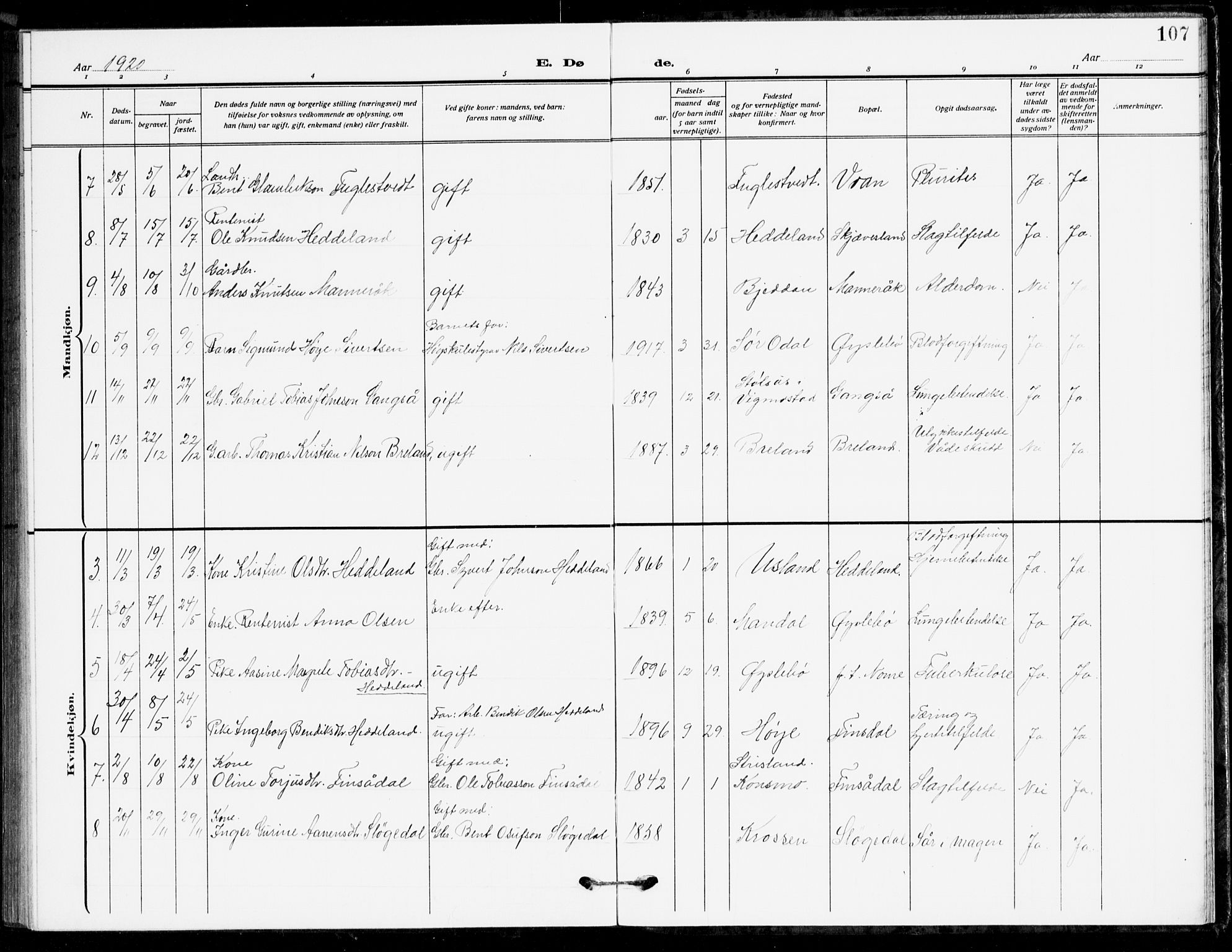 Holum sokneprestkontor, AV/SAK-1111-0022/F/Fb/Fbc/L0004: Parish register (copy) no. B 4, 1908-1930, p. 107