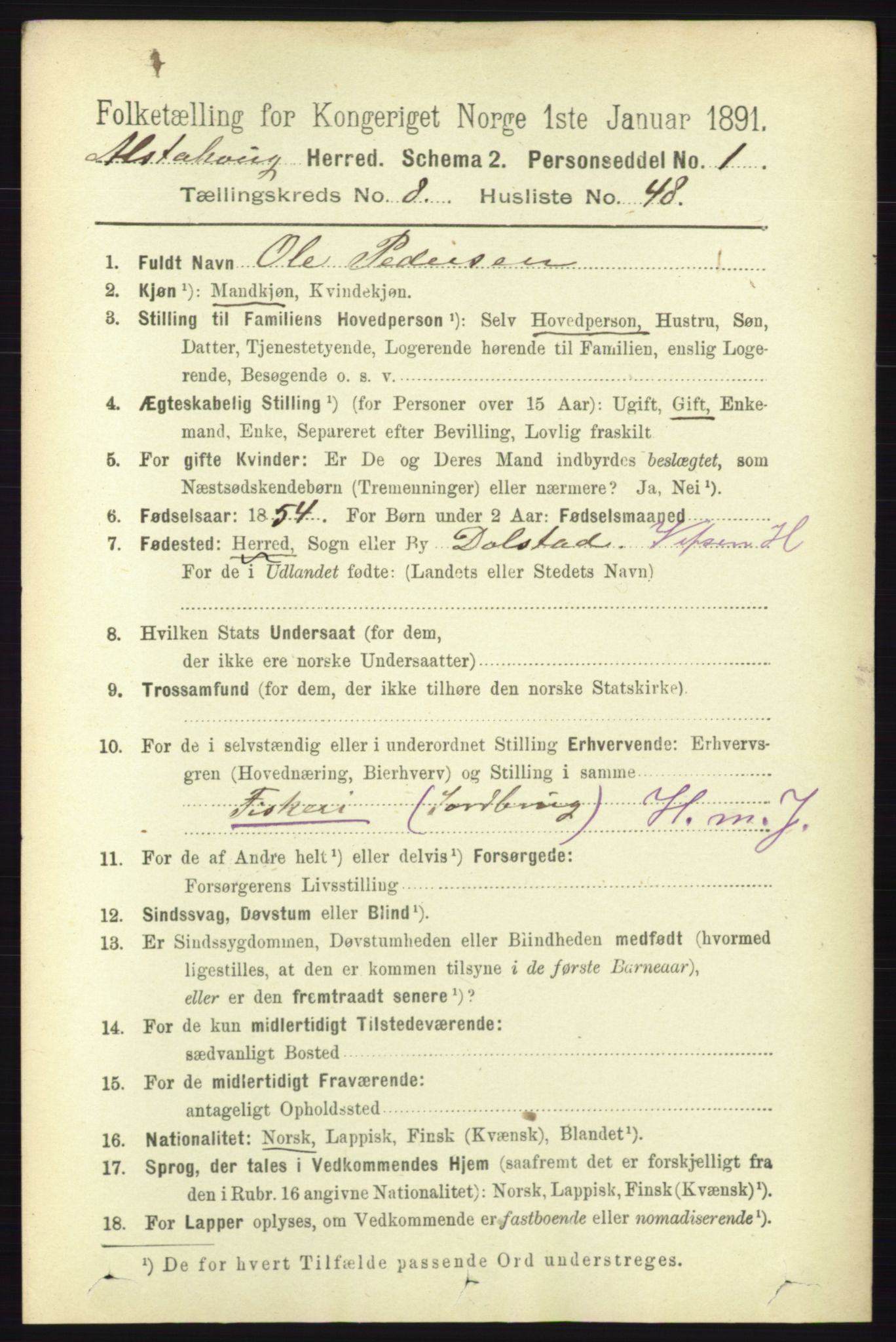 RA, 1891 census for 1820 Alstahaug, 1891, p. 3197