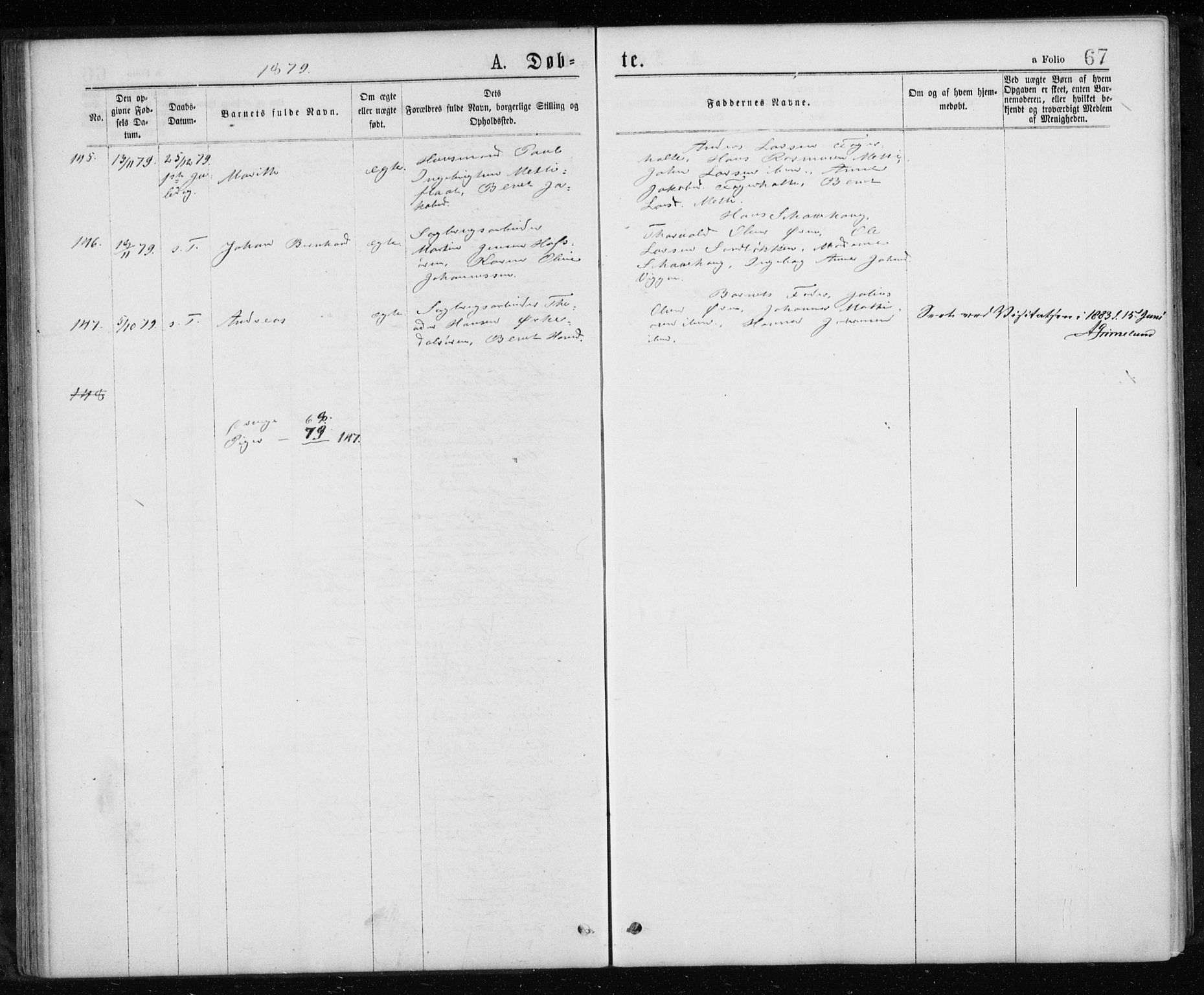 Ministerialprotokoller, klokkerbøker og fødselsregistre - Sør-Trøndelag, AV/SAT-A-1456/668/L0817: Parish register (copy) no. 668C06, 1873-1884, p. 67