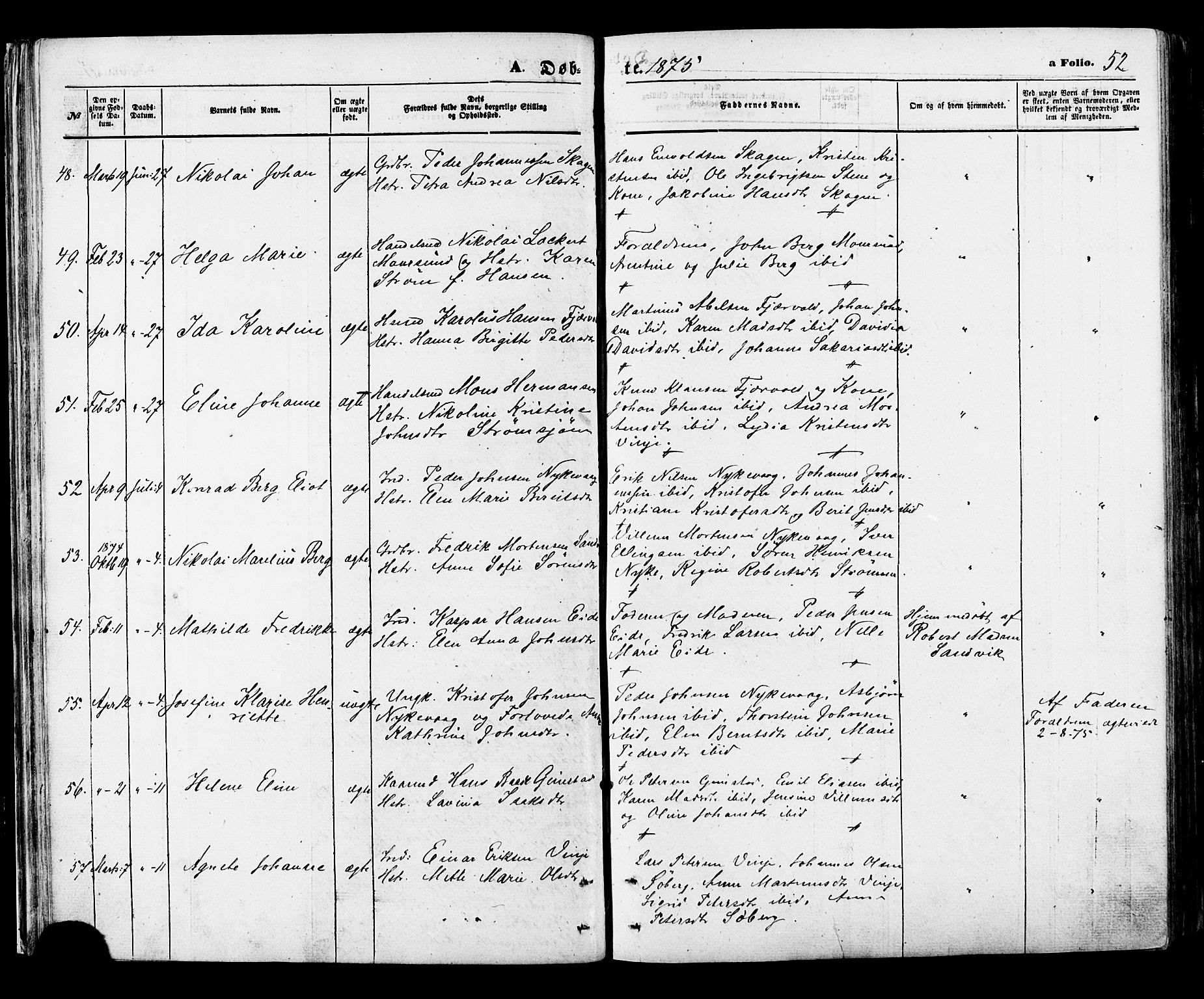 Ministerialprotokoller, klokkerbøker og fødselsregistre - Nordland, SAT/A-1459/891/L1301: Parish register (official) no. 891A06, 1870-1878, p. 52