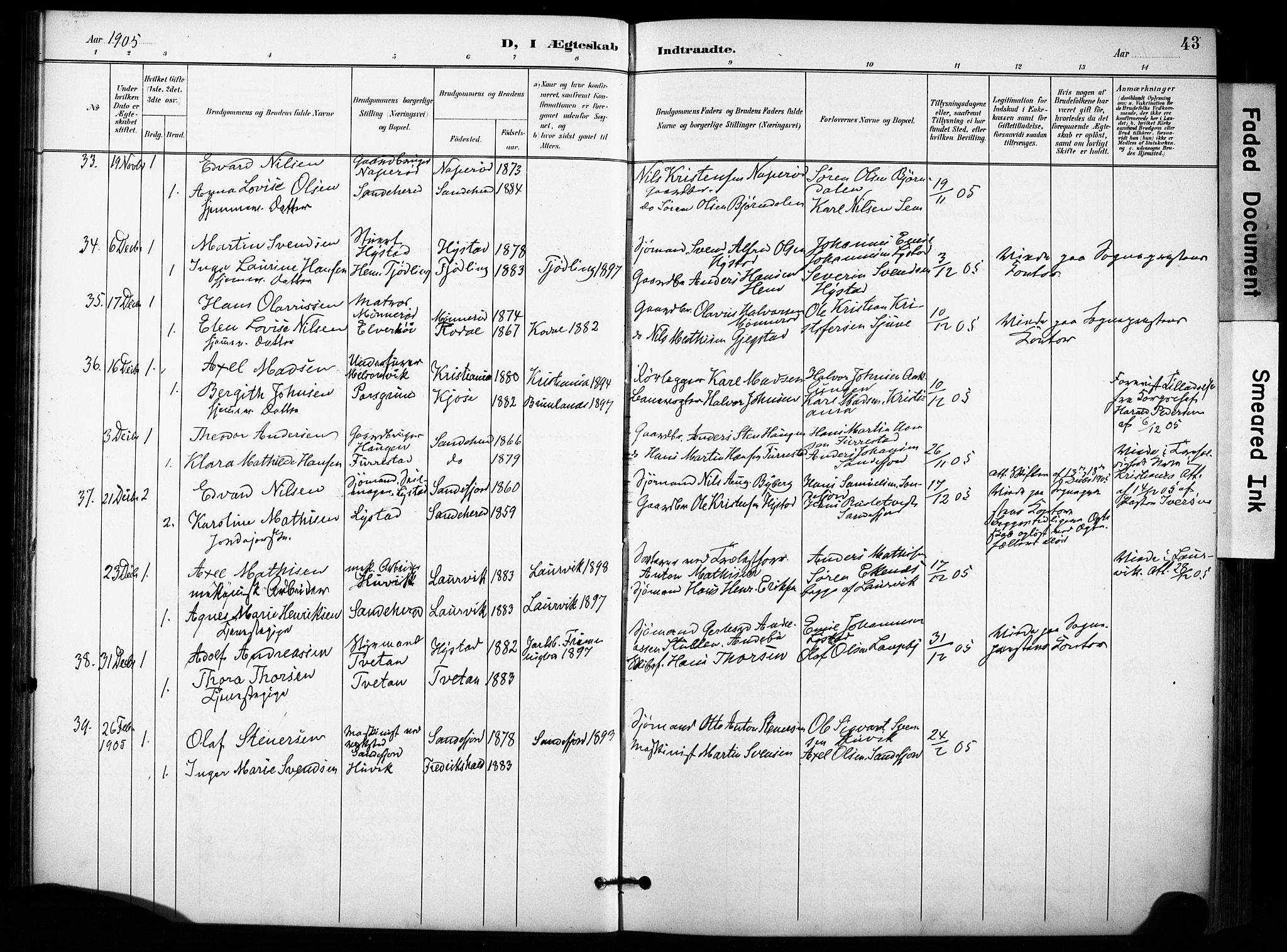 Sandar kirkebøker, SAKO/A-243/F/Fa/L0015: Parish register (official) no. 15, 1896-1907, p. 43