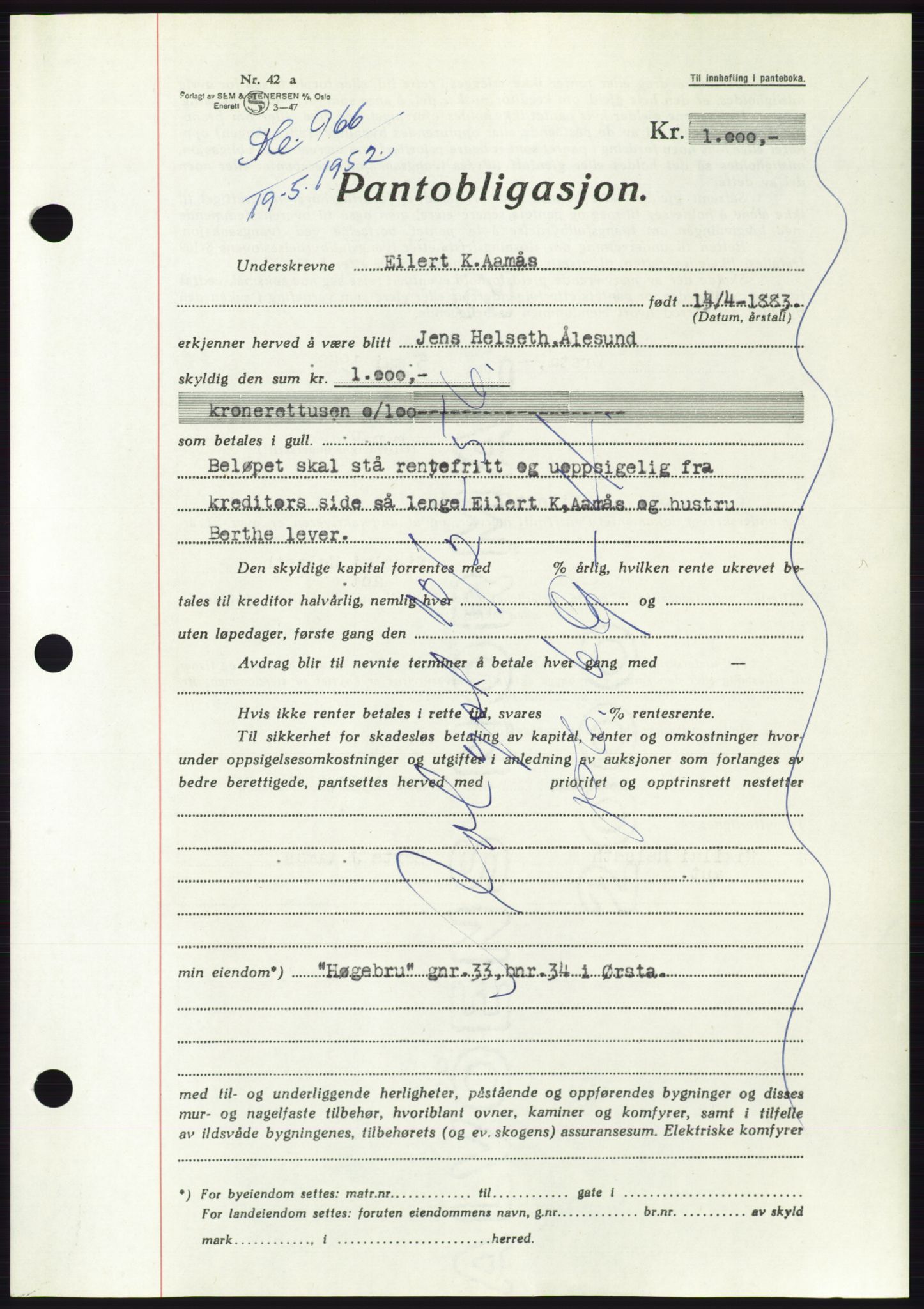 Søre Sunnmøre sorenskriveri, AV/SAT-A-4122/1/2/2C/L0121: Mortgage book no. 9B, 1951-1952, Diary no: : 966/1952