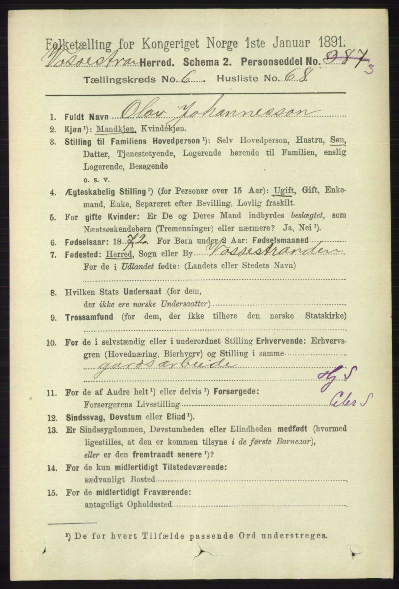 RA, 1891 census for 1236 Vossestrand, 1891, p. 2309