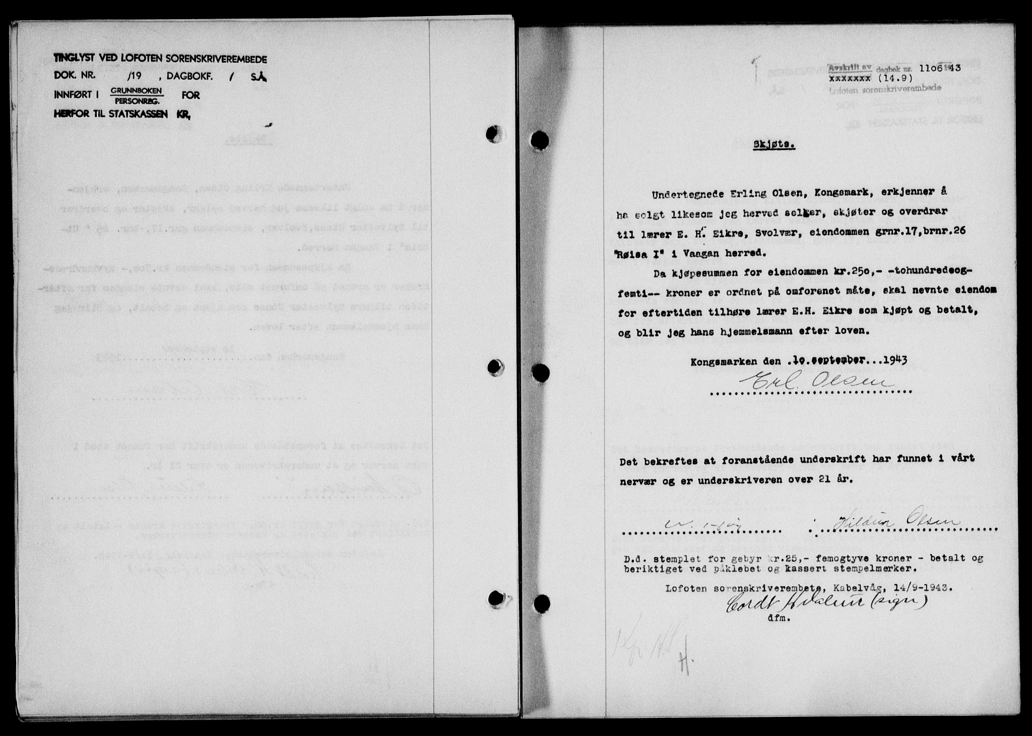 Lofoten sorenskriveri, SAT/A-0017/1/2/2C/L0011a: Mortgage book no. 11a, 1943-1943, Diary no: : 1106/1943