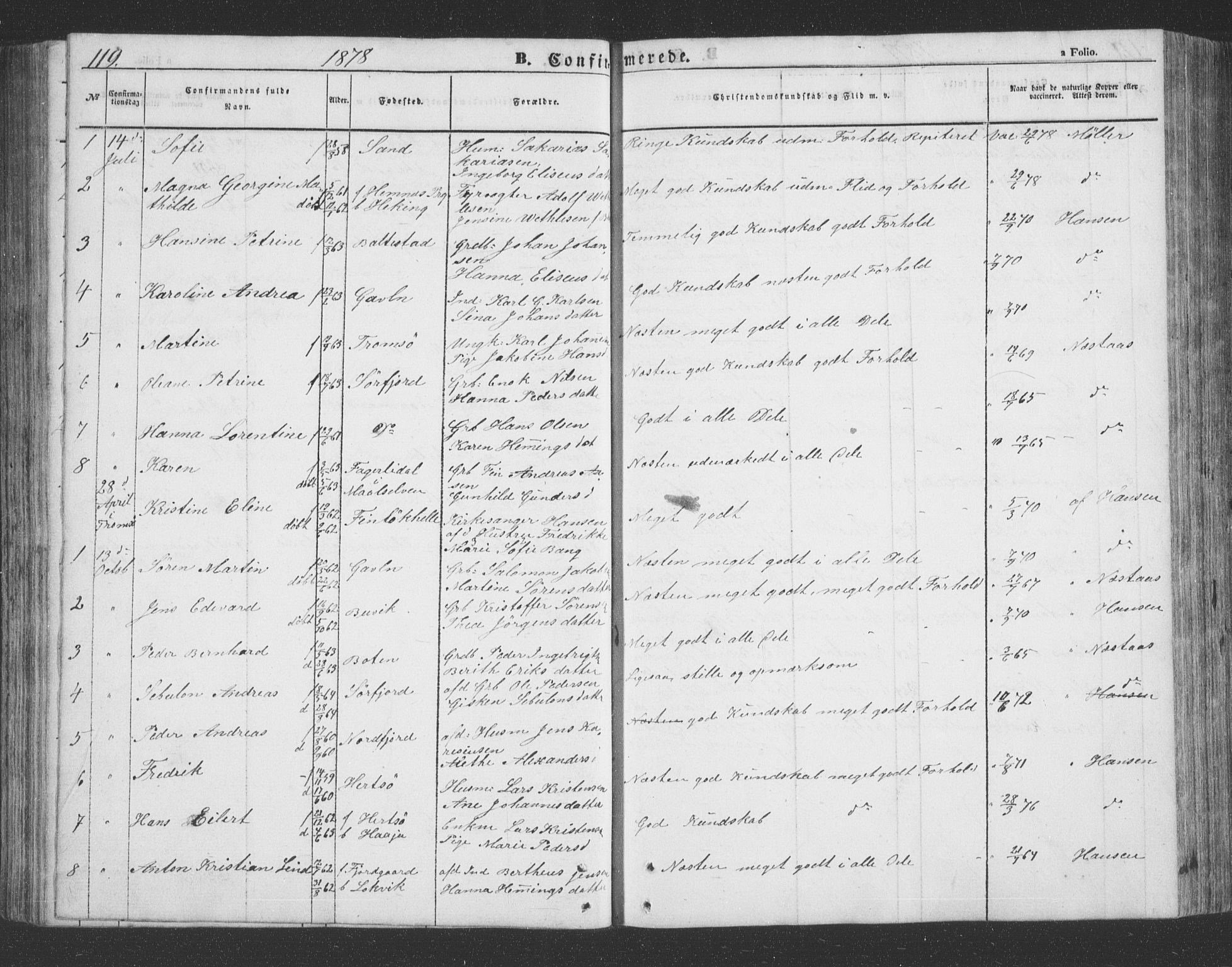 Lenvik sokneprestembete, SATØ/S-1310/H/Ha/Hab/L0020klokker: Parish register (copy) no. 20, 1855-1883, p. 119