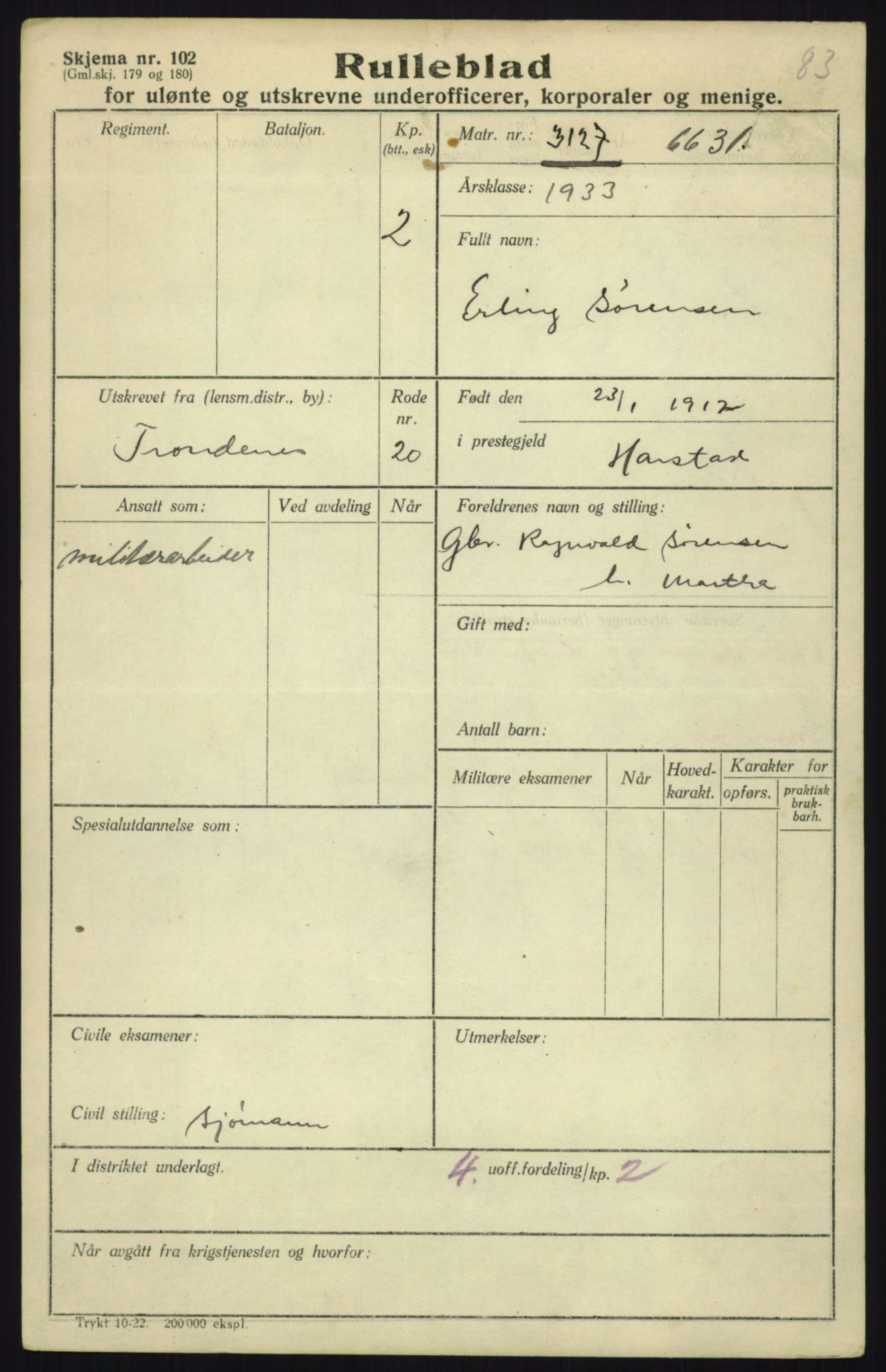 Forsvaret, Troms infanteriregiment nr. 16, AV/RA-RAFA-3146/P/Pa/L0017: Rulleblad for regimentets menige mannskaper, årsklasse 1933, 1933, p. 1265