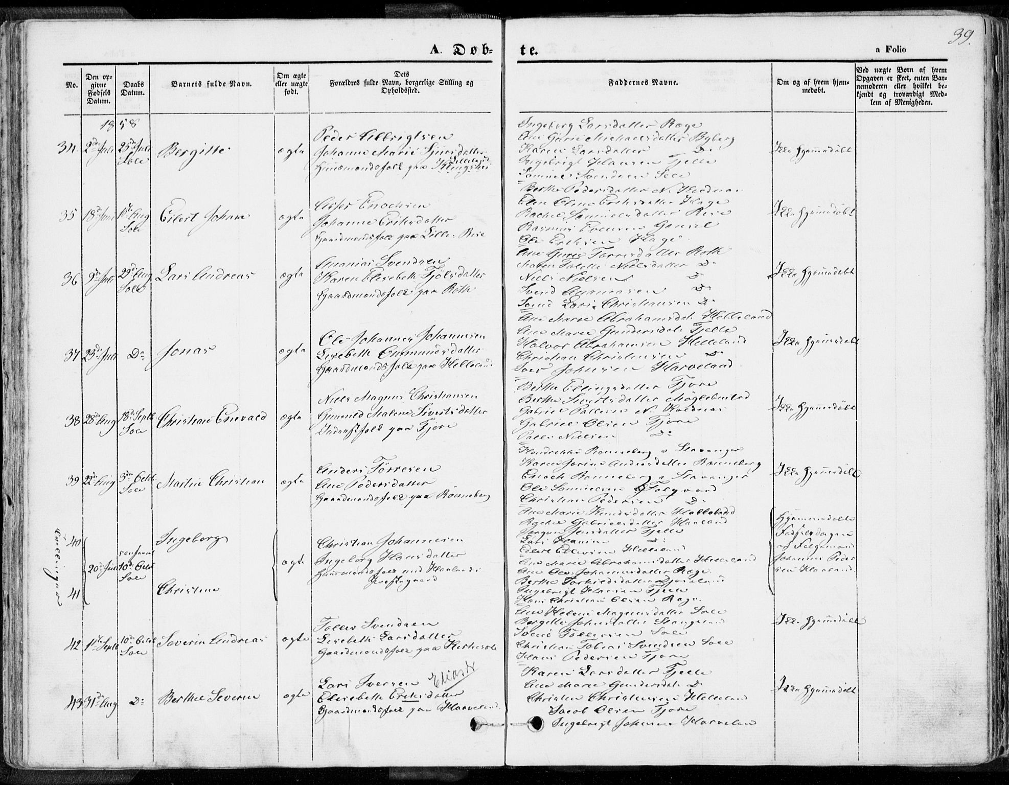 Håland sokneprestkontor, SAST/A-101802/001/30BA/L0007: Parish register (official) no. A 7.1, 1854-1870, p. 39