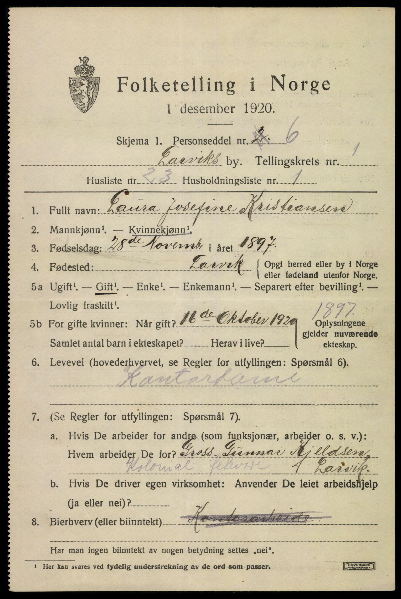 SAKO, 1920 census for Larvik, 1920, p. 8990