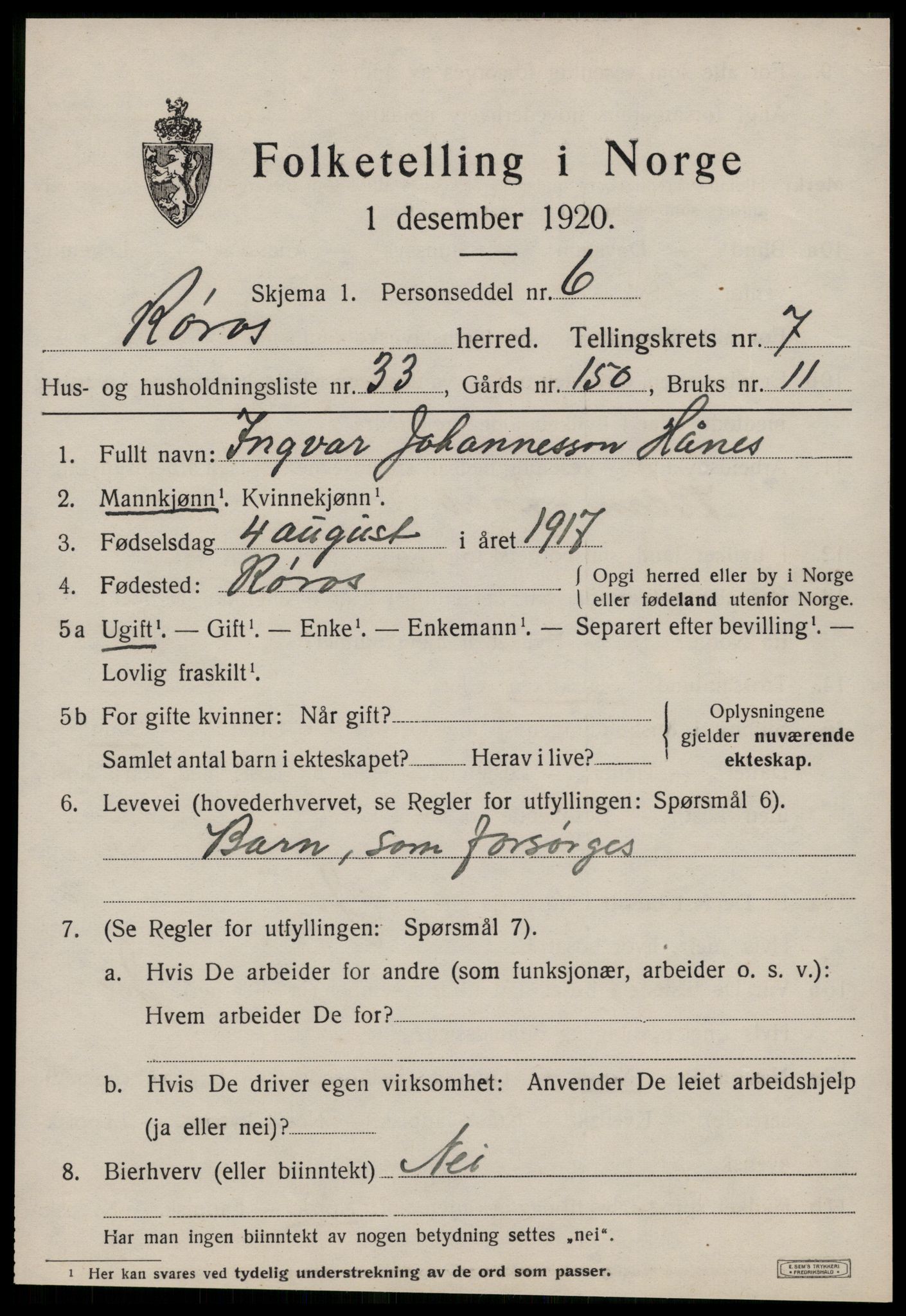 SAT, 1920 census for Røros, 1920, p. 7354