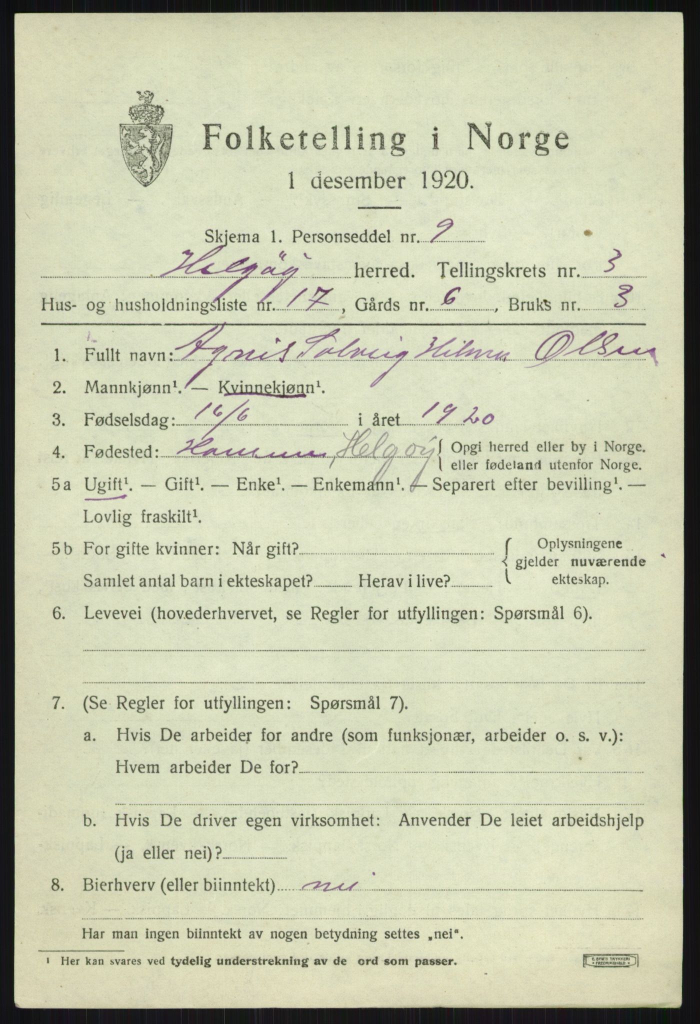 SATØ, 1920 census for Helgøy, 1920, p. 1615