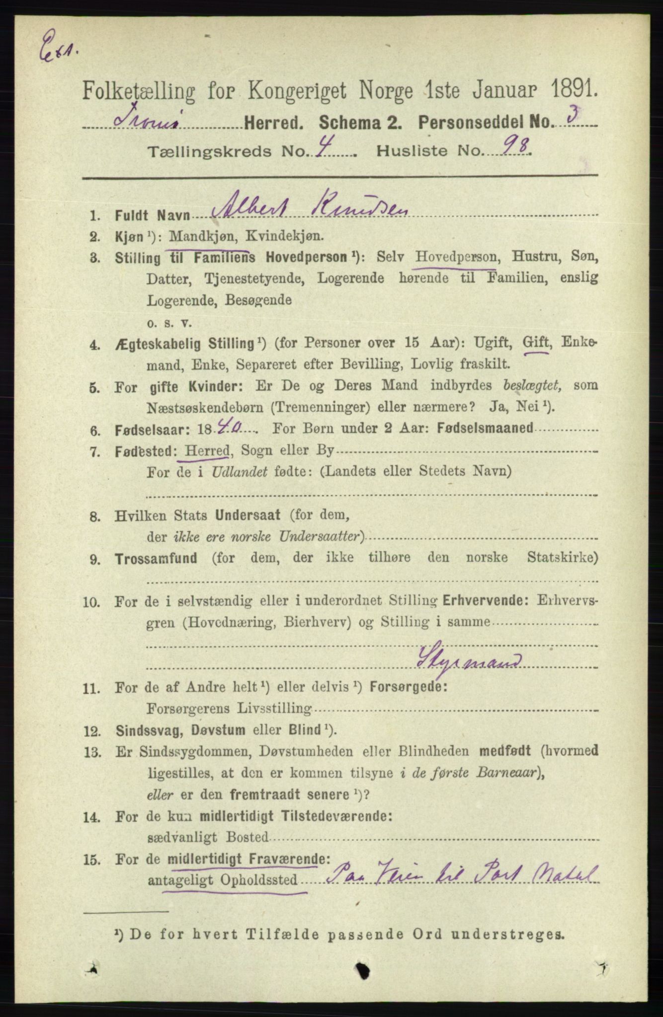 RA, Census 1891 for Nedenes amt: Gjenparter av personsedler for beslektede ektefeller, menn, 1891, p. 575