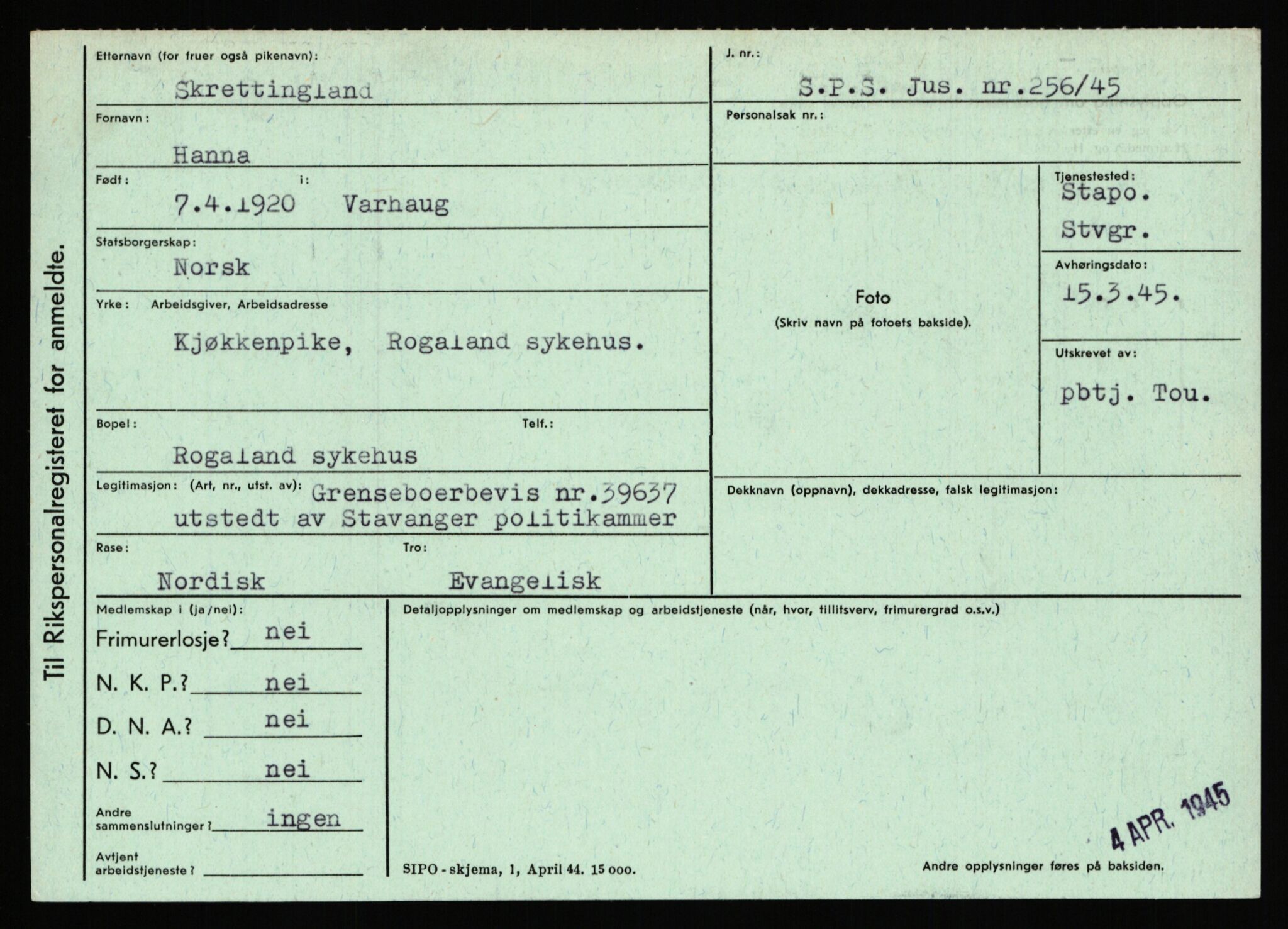 Statspolitiet - Hovedkontoret / Osloavdelingen, AV/RA-S-1329/C/Ca/L0014: Seterlien - Svartås, 1943-1945, p. 1497